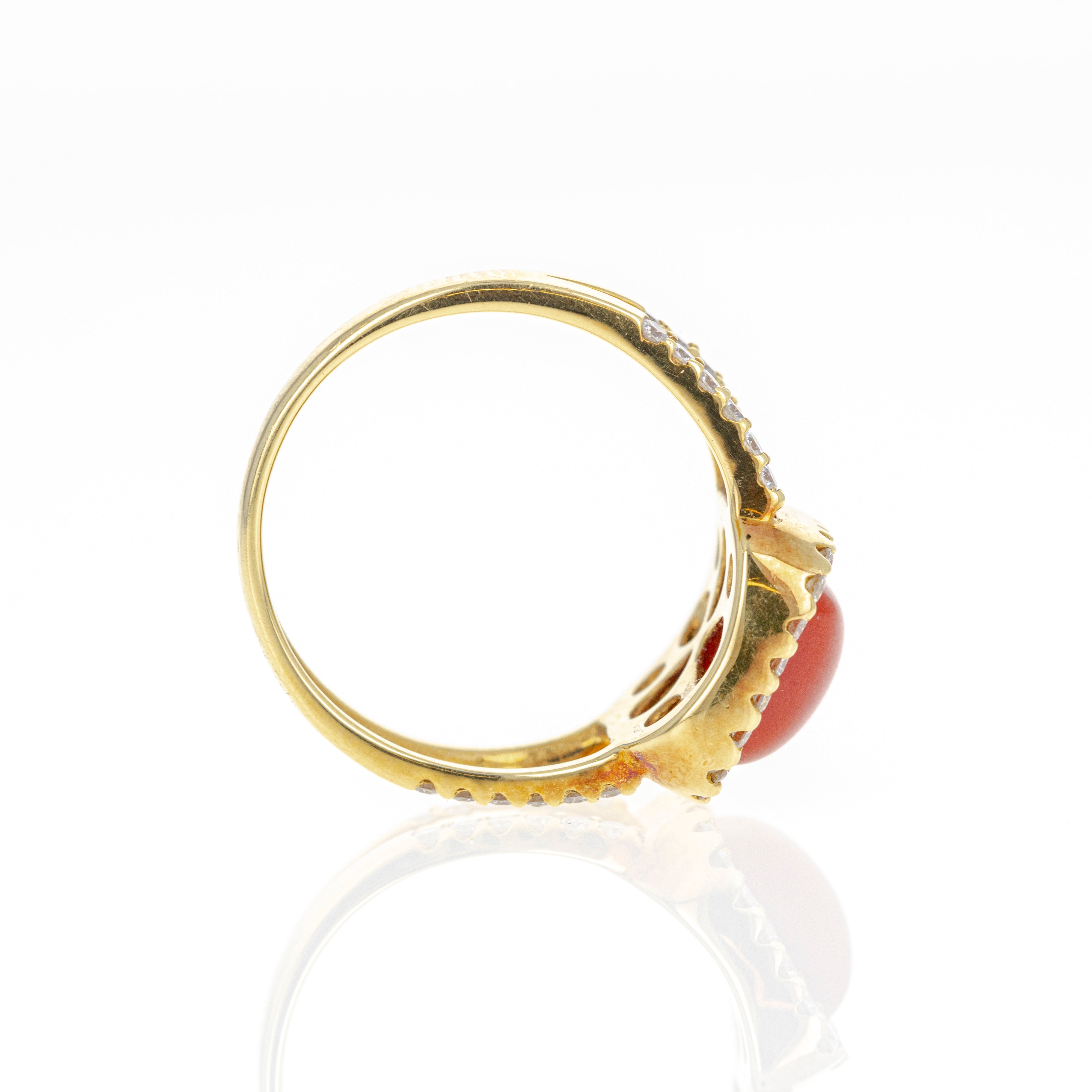 18K Yellow Gold 1.56 Carat Cabochon Coral Diamond Halo Ring - Queen May