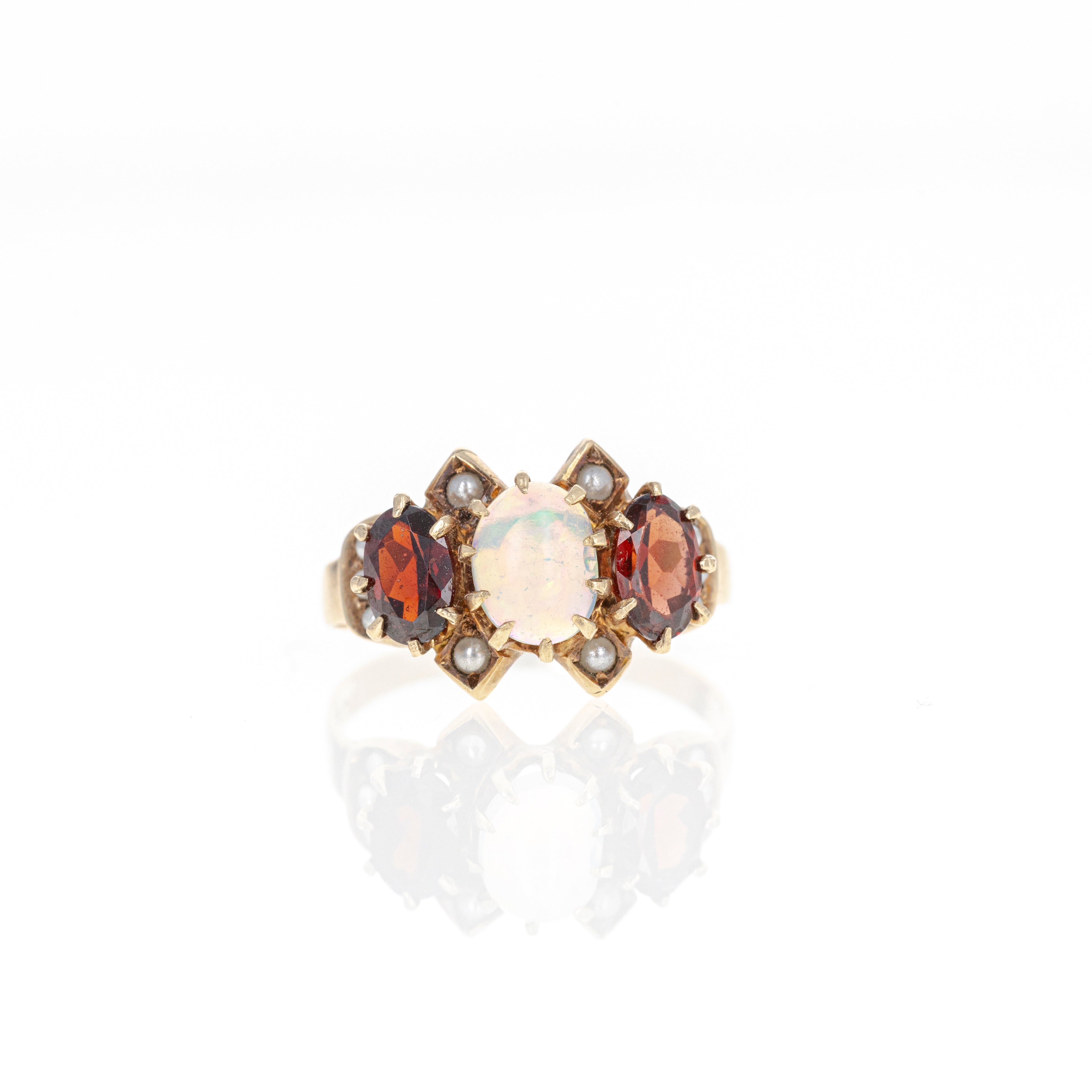 Victorian 10K Yellow Gold Opal Garnet Seed Pearl Ring - Queen May