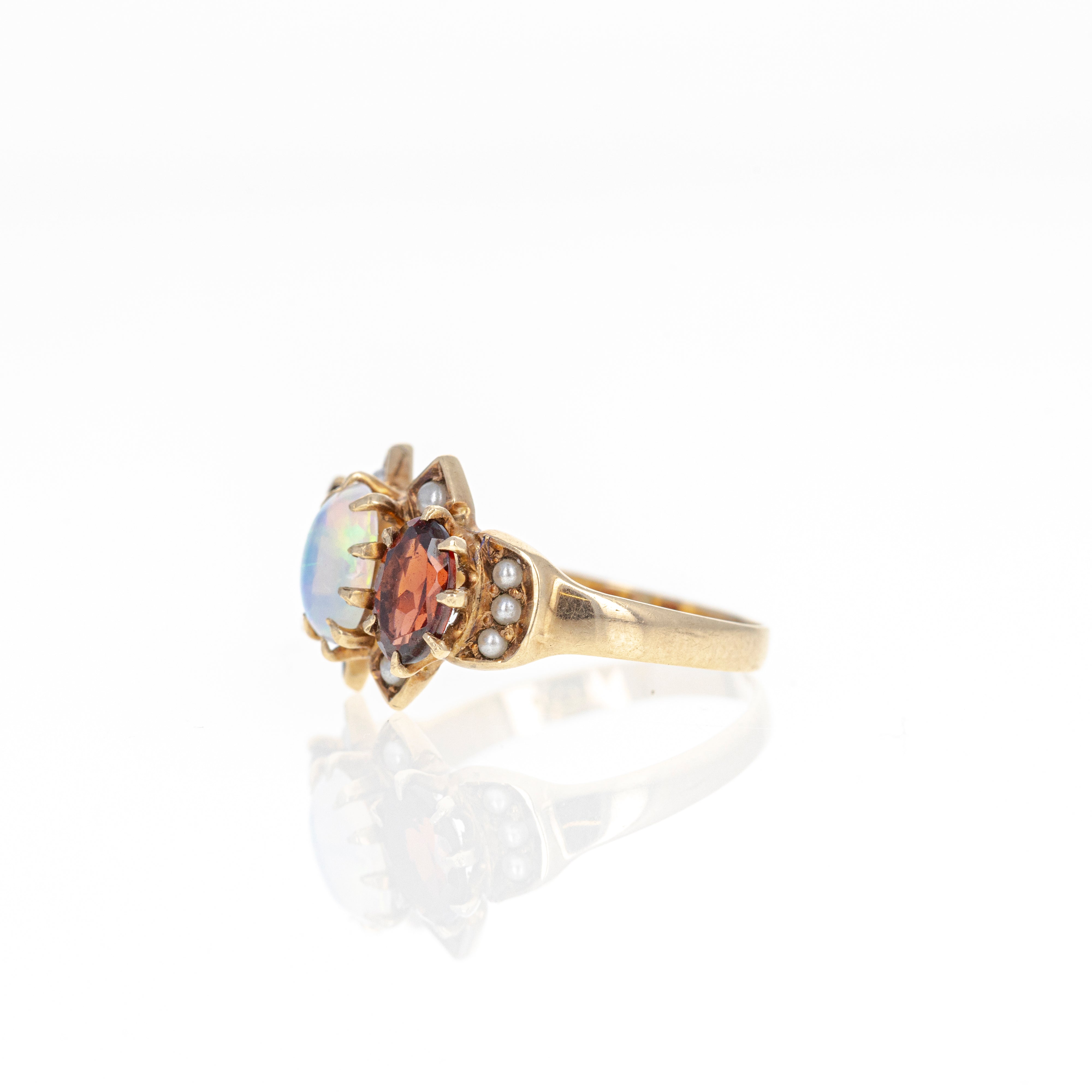 Victorian 10K Yellow Gold Opal Garnet Seed Pearl Ring - Queen May