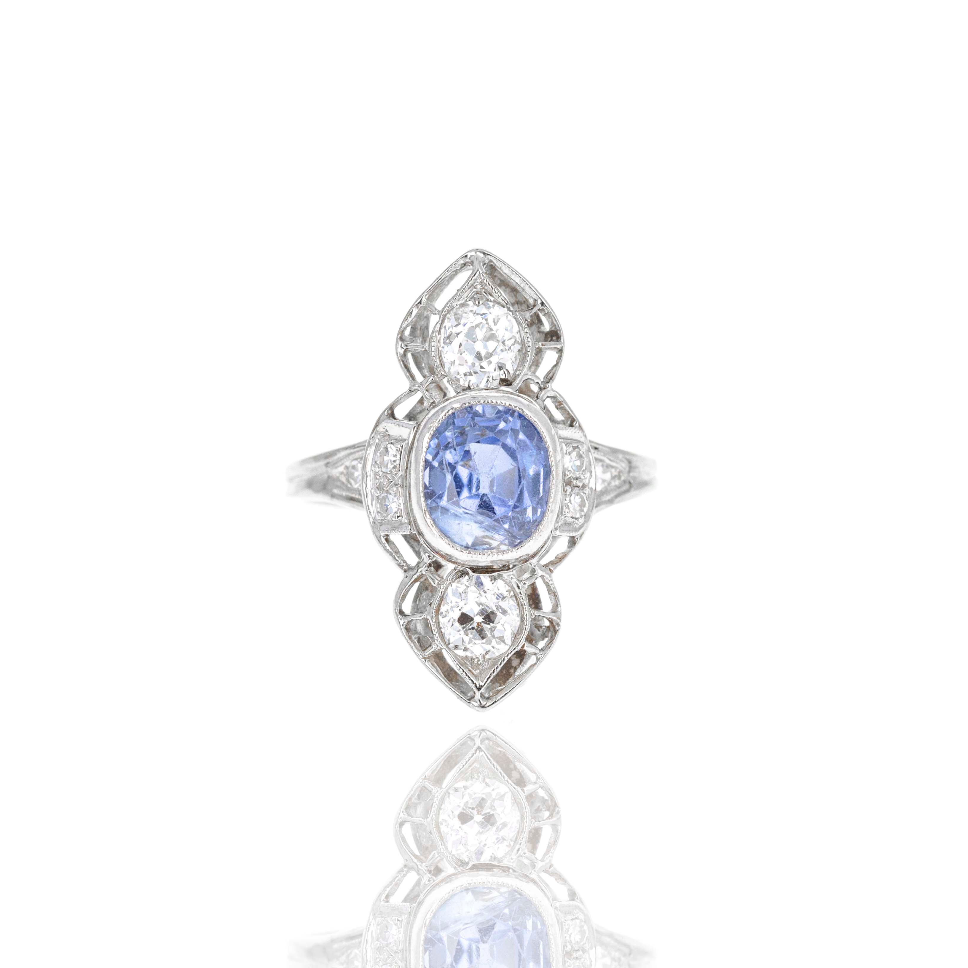 Art Deco 14K White Gold 2.20 Carat Sapphire Old European Diamond Ring - Queen May