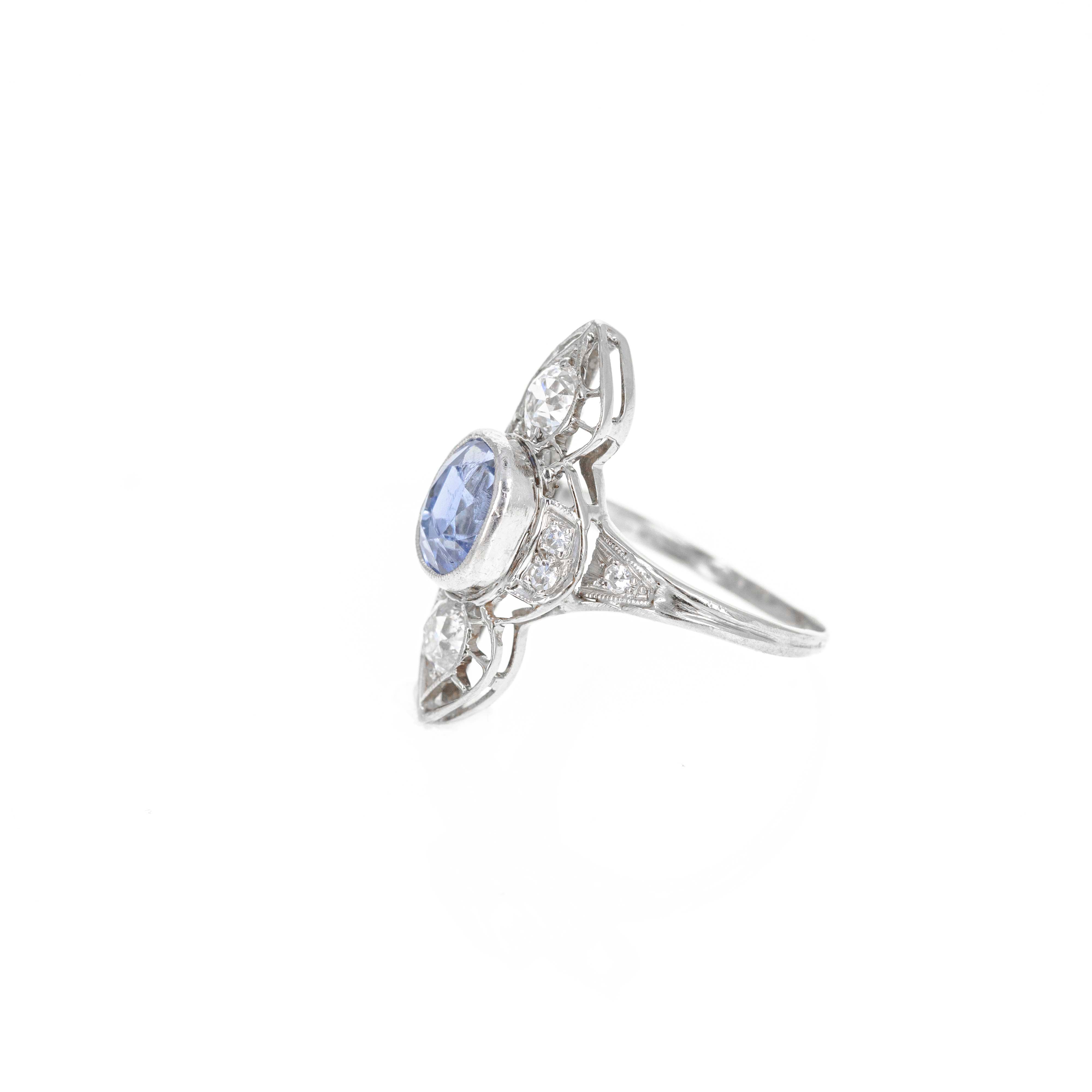 Art Deco 14K White Gold 2.20 Carat Sapphire Old European Diamond Ring - Queen May