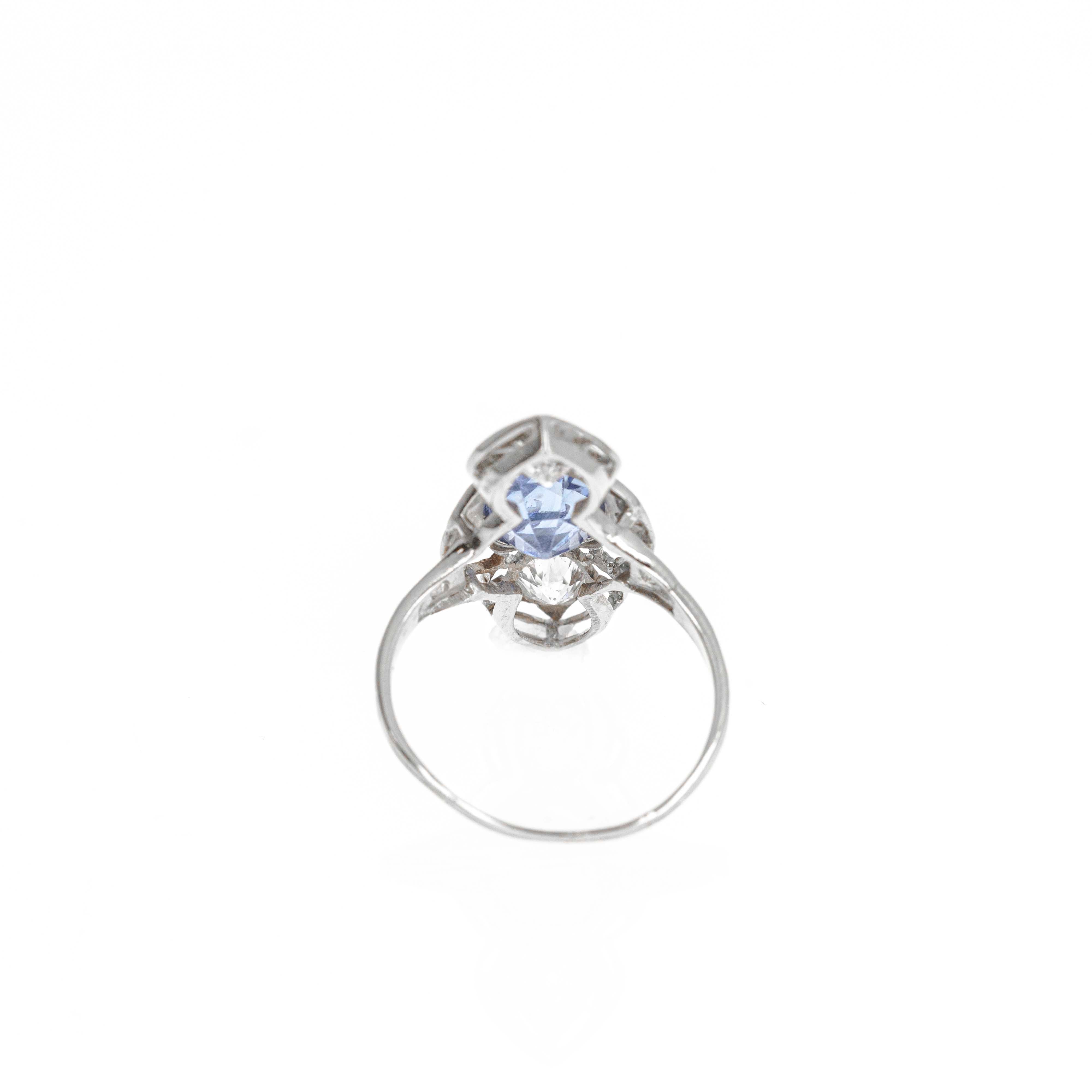Art Deco 14K White Gold 2.20 Carat Sapphire Old European Diamond Ring - Queen May