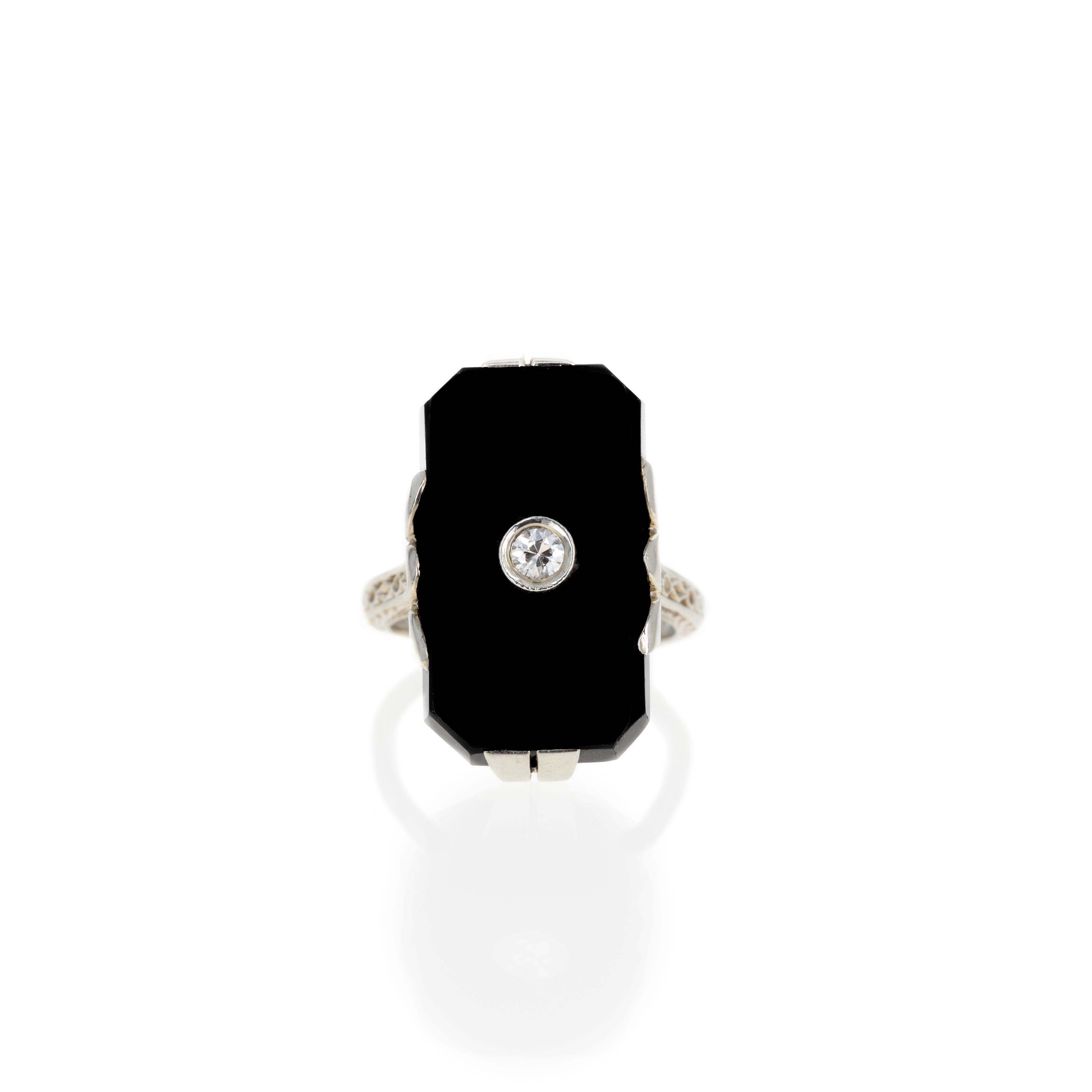 14K White Gold Art Deco Black Onyx Ring Old European Cut Diamond Ring - Queen May