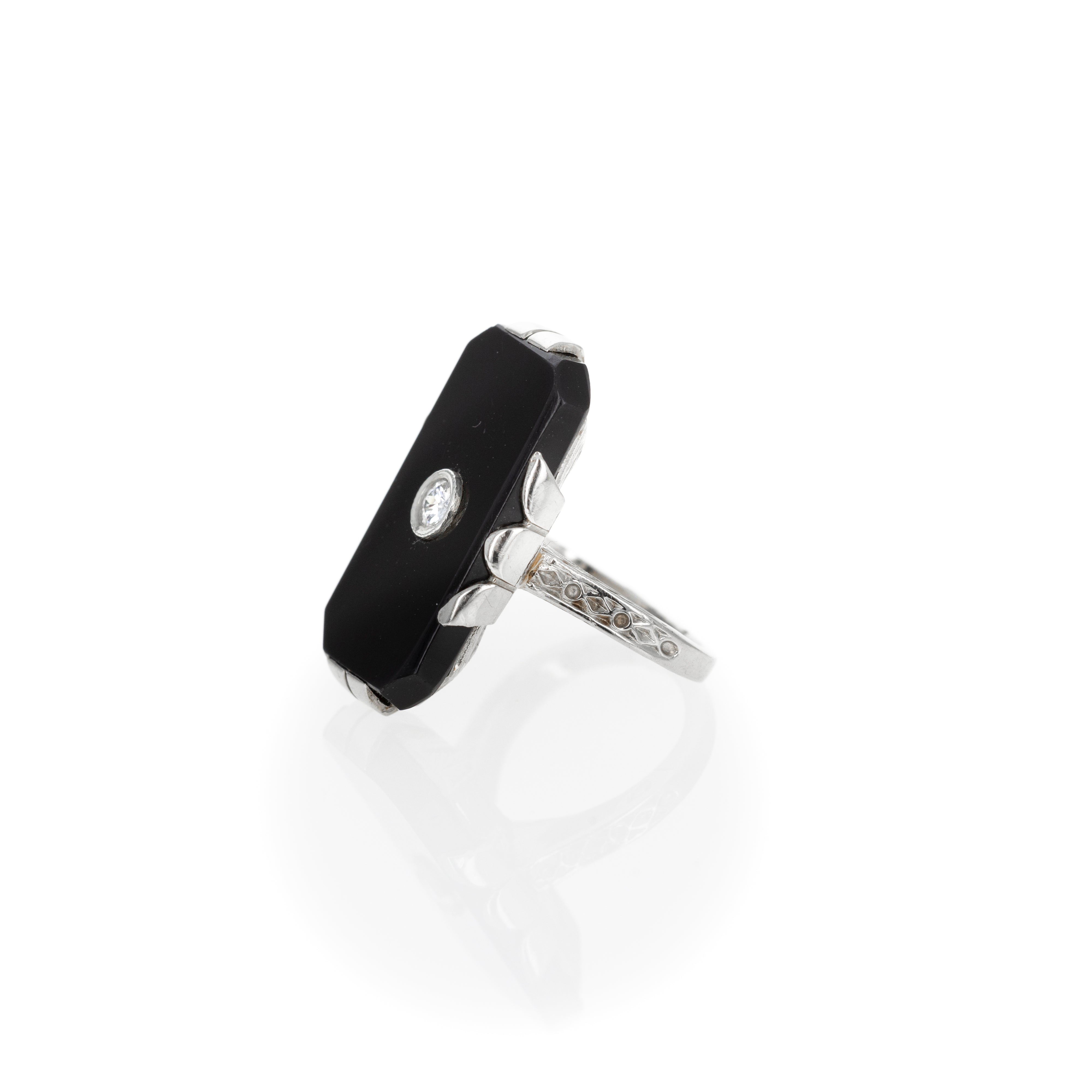 14K White Gold Art Deco Black Onyx Ring Old European Cut Diamond Ring - Queen May