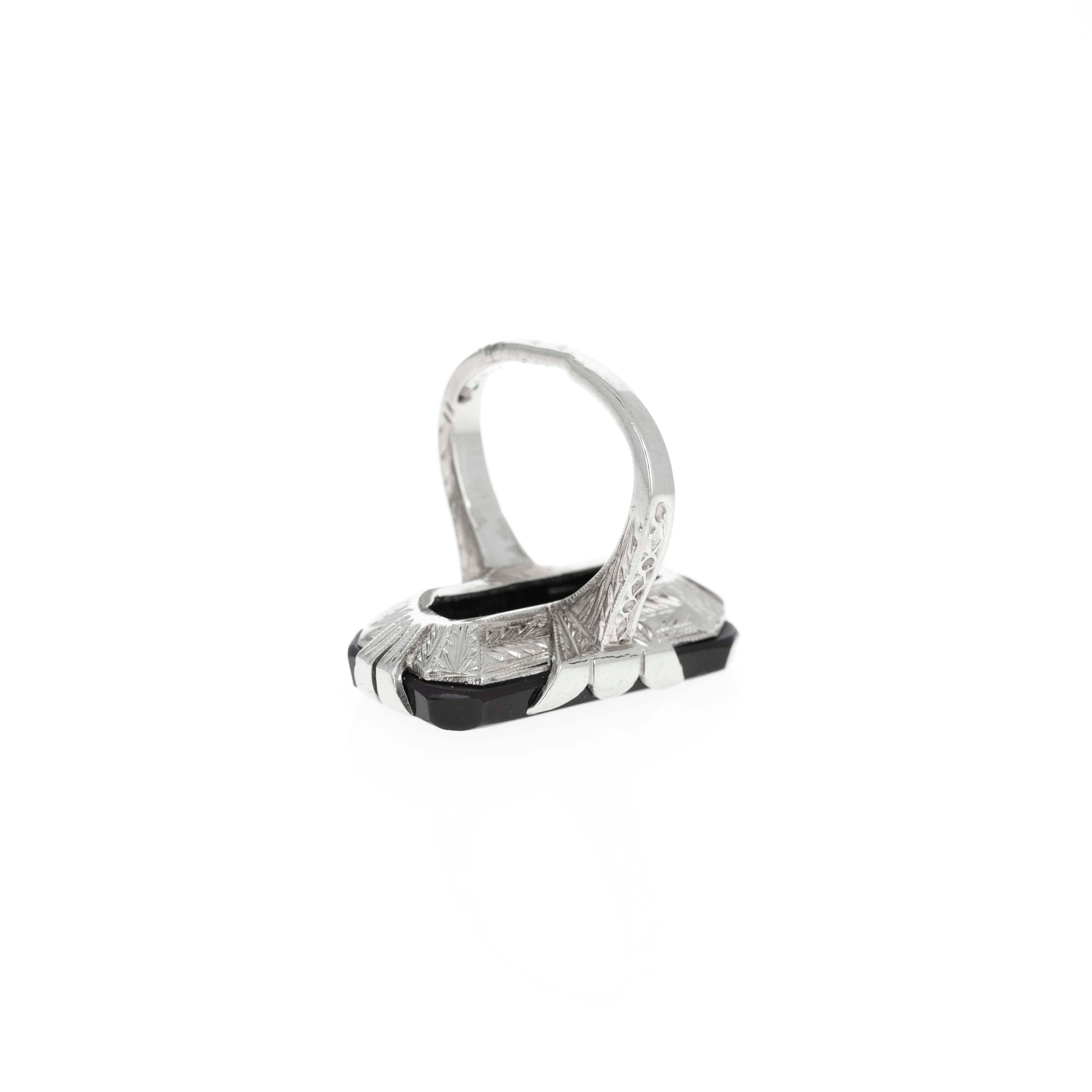 14K White Gold Art Deco Black Onyx Ring Old European Cut Diamond Ring - Queen May