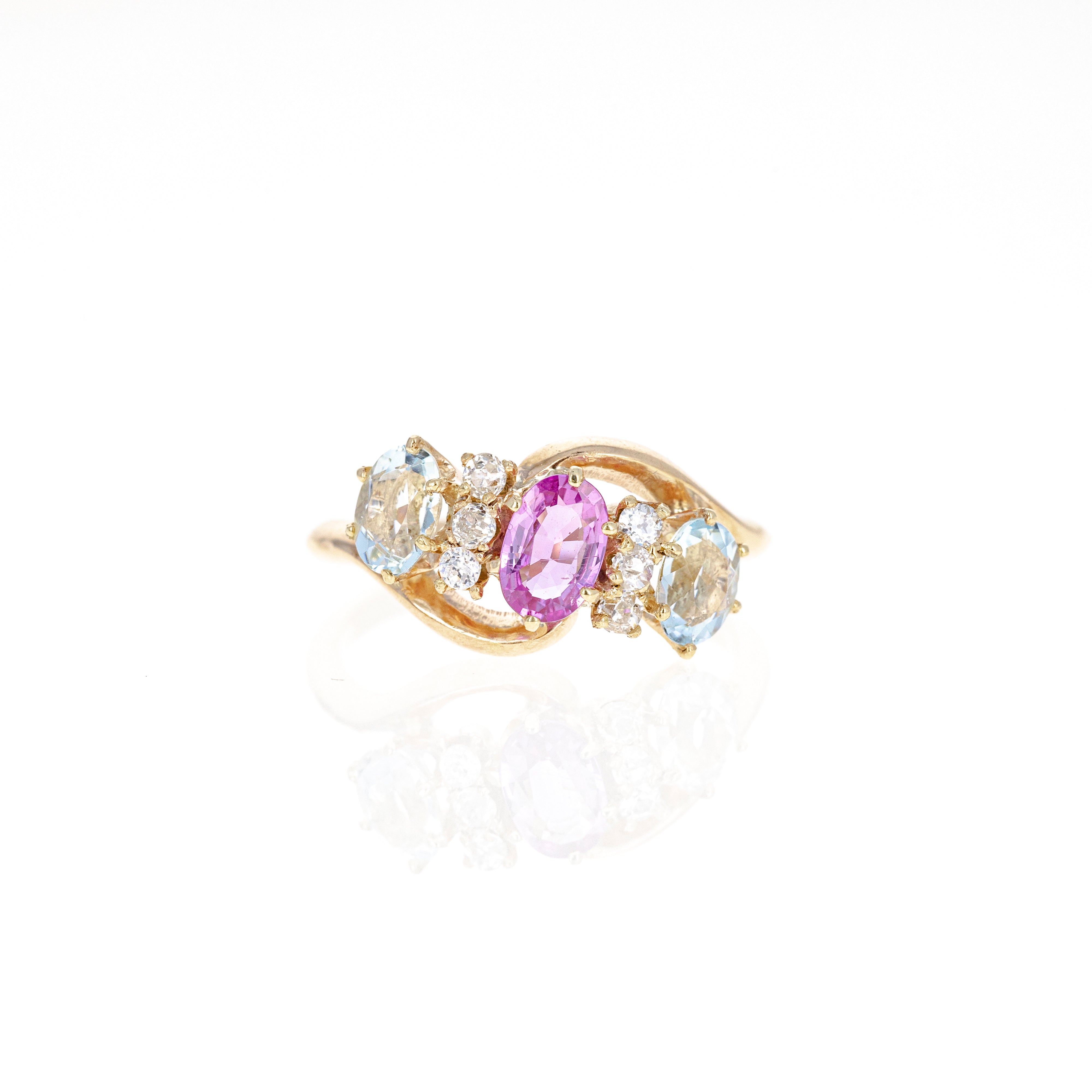 Victorian Pink Tourmaline Aquamarine Old European Diamond Ring - Queen May