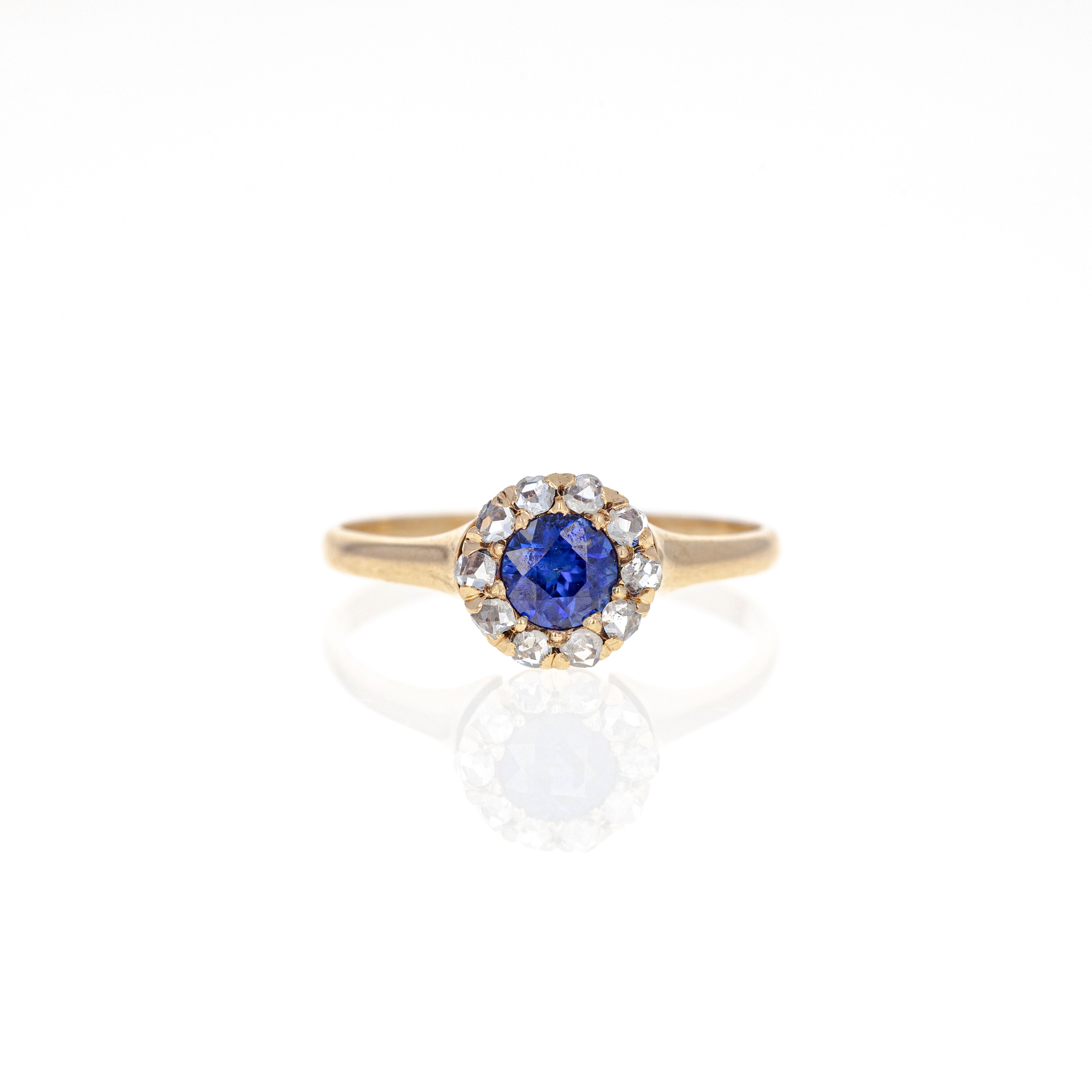 Victorian 10K Rose Gold 0.50 Carat Sapphire Rose Cut Diamond Halo Ring - Queen May