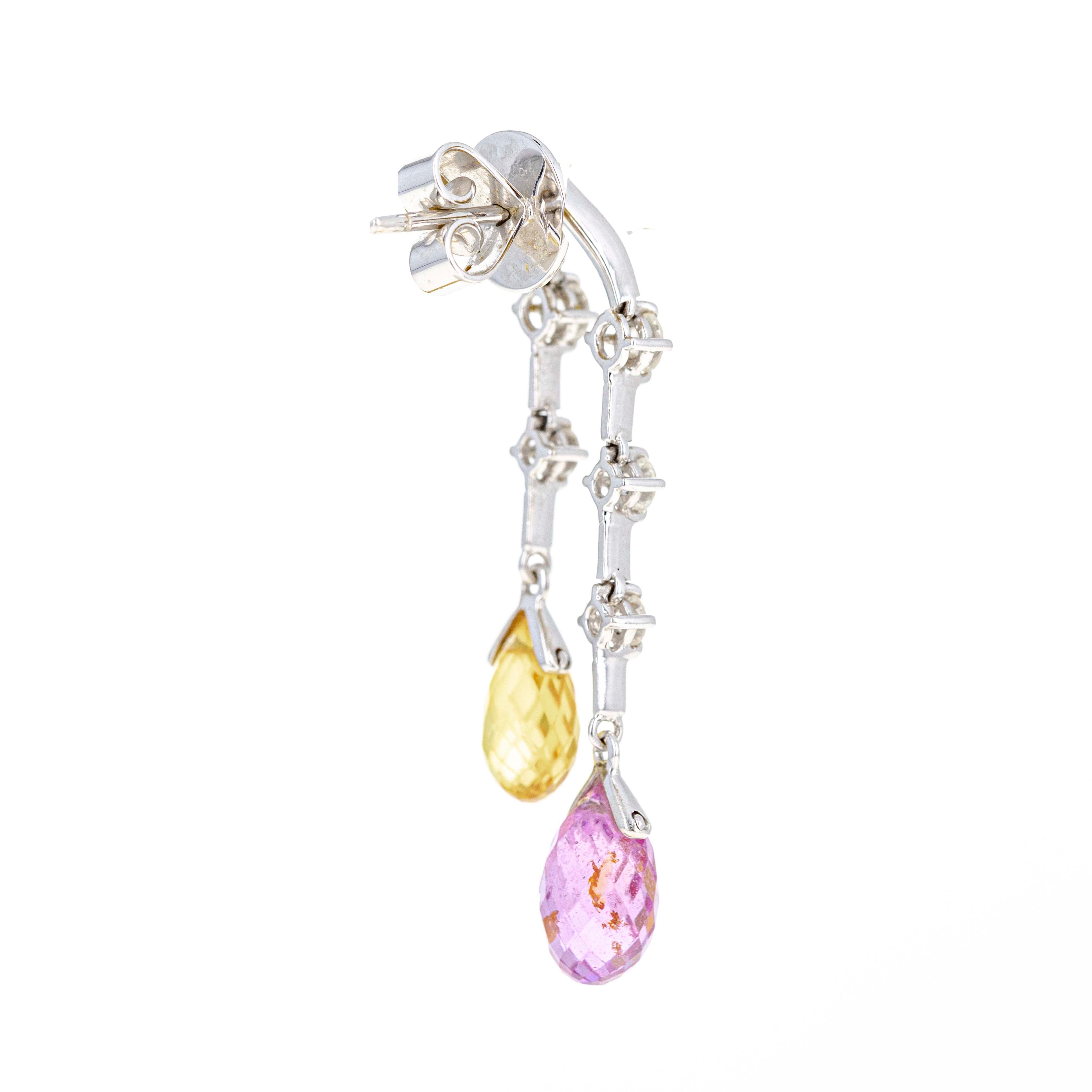 18K White Gold Pink and Yellow Briolette Sapphire Diamond Drop Earrings - Queen May