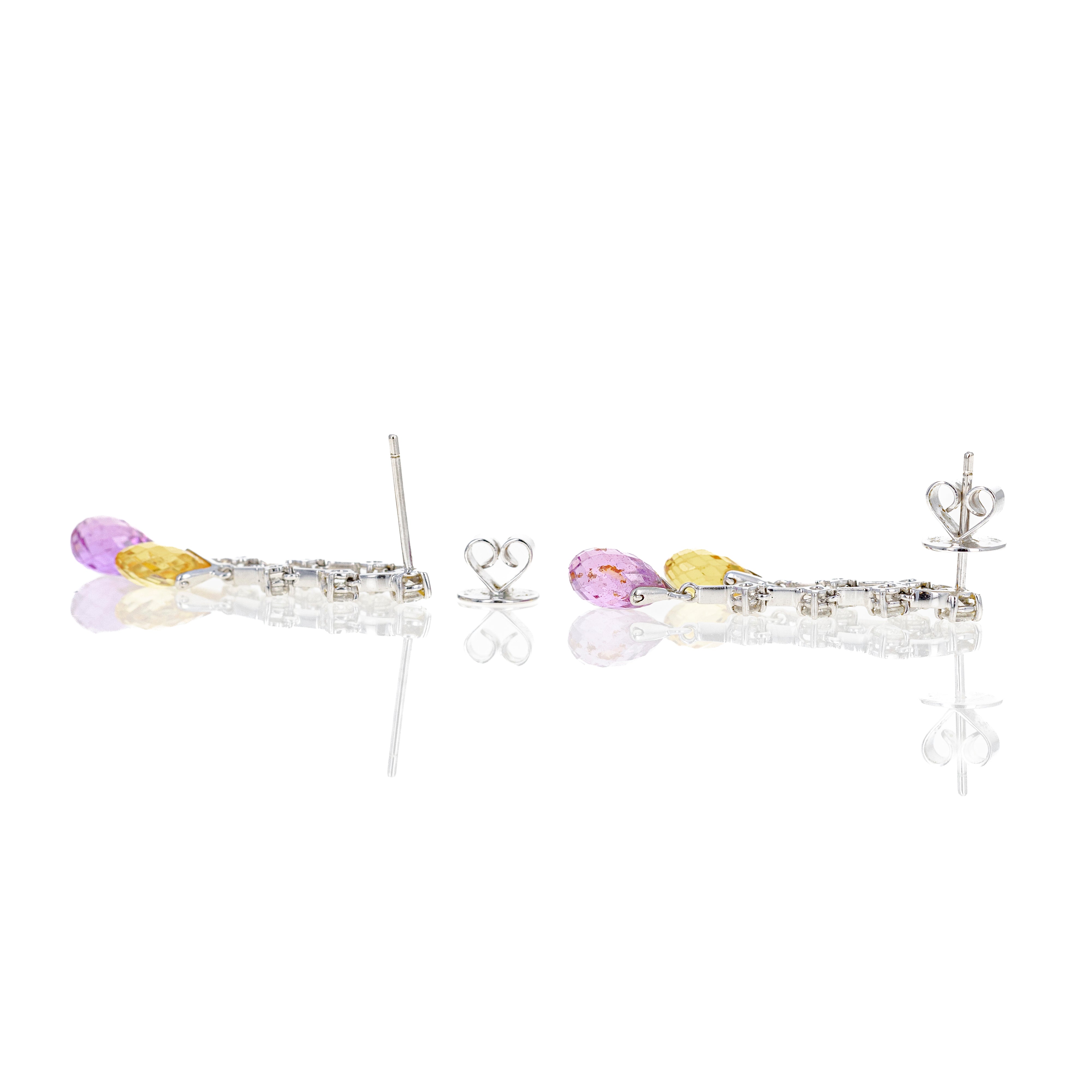 18K White Gold Pink and Yellow Briolette Sapphire Diamond Drop Earrings - Queen May