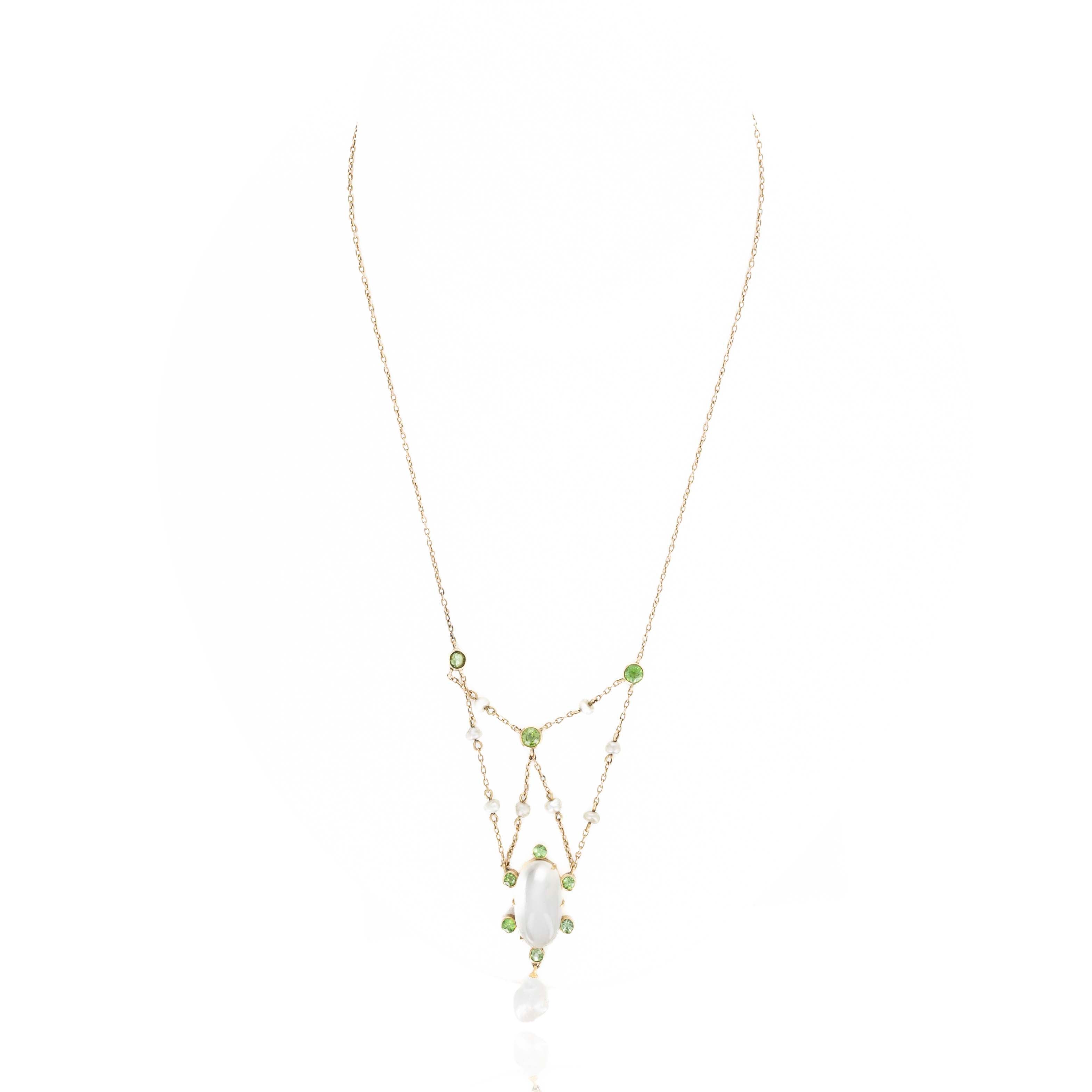 Victorian 15K Yellow Gold 5 Carat Moonstone Demantoid Garnet & Natural Pearl Necklace - Queen May