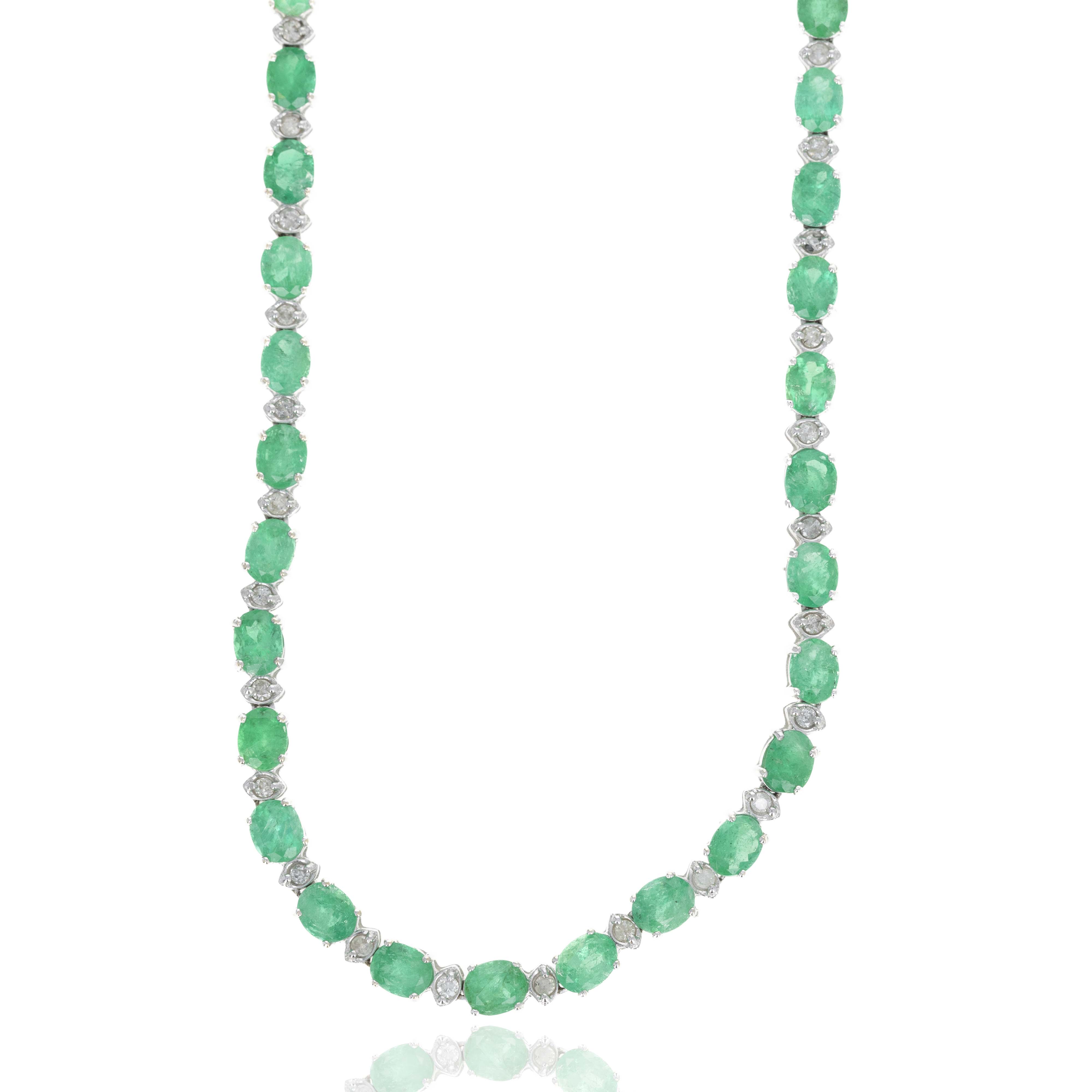 18K White Gold 11.56 Emerald Diamond Station Necklace - Queen May