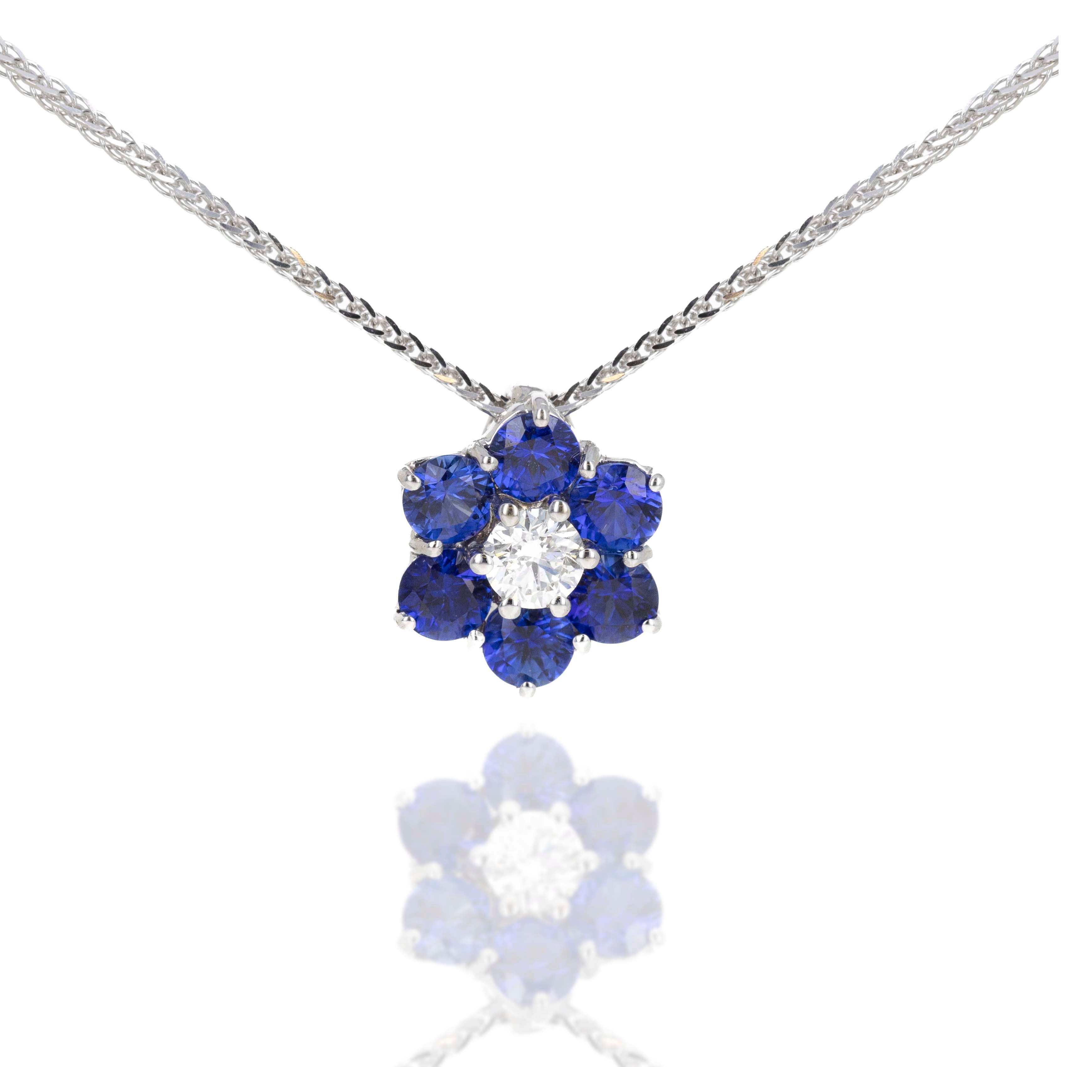 18K White Gold 1.50 Carat Sapphire Diamond Floral Pendant Necklace - Queen May