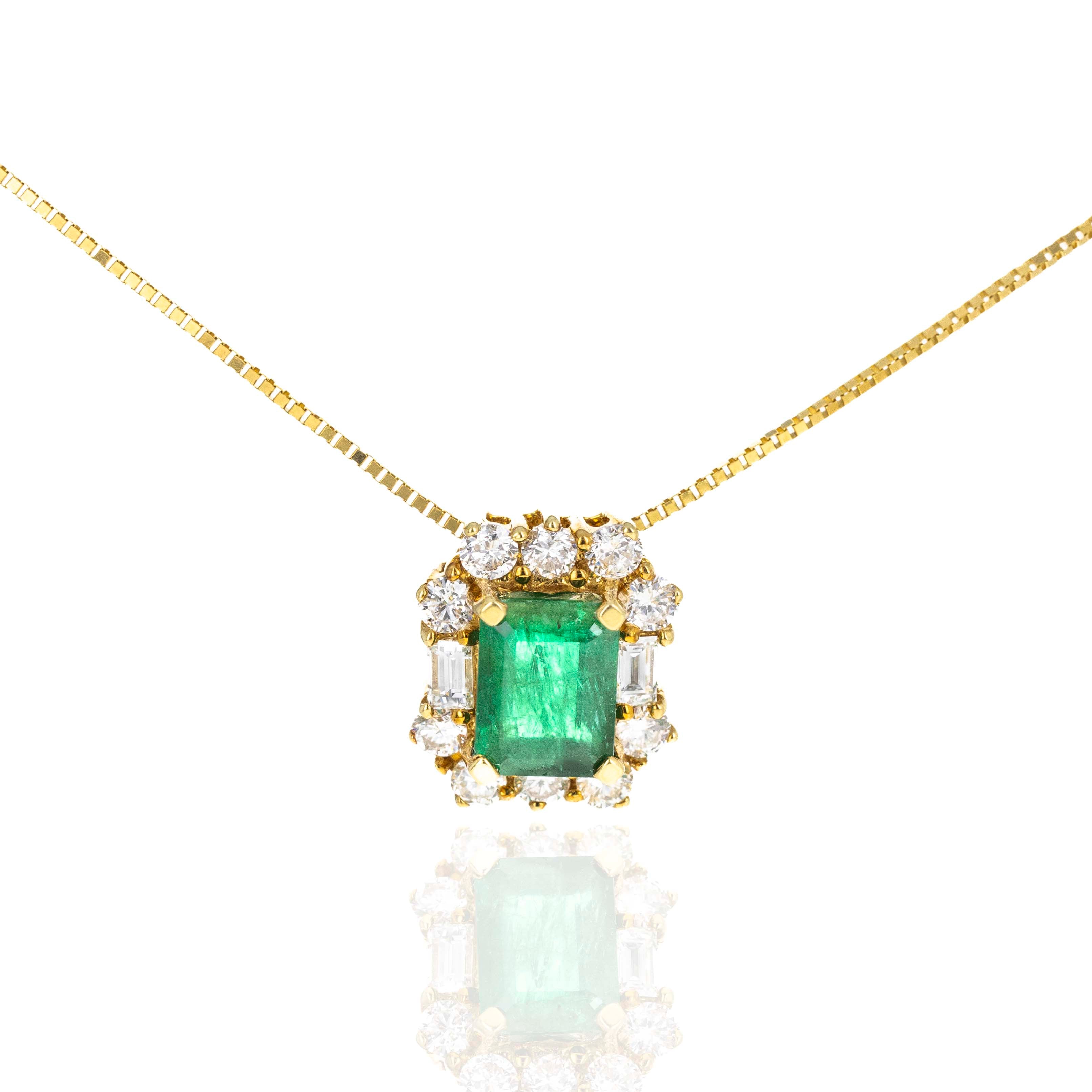 18K Yellow Gold 1.50 Carat Emerald Diamond Halo Pendant Necklace - Queen May