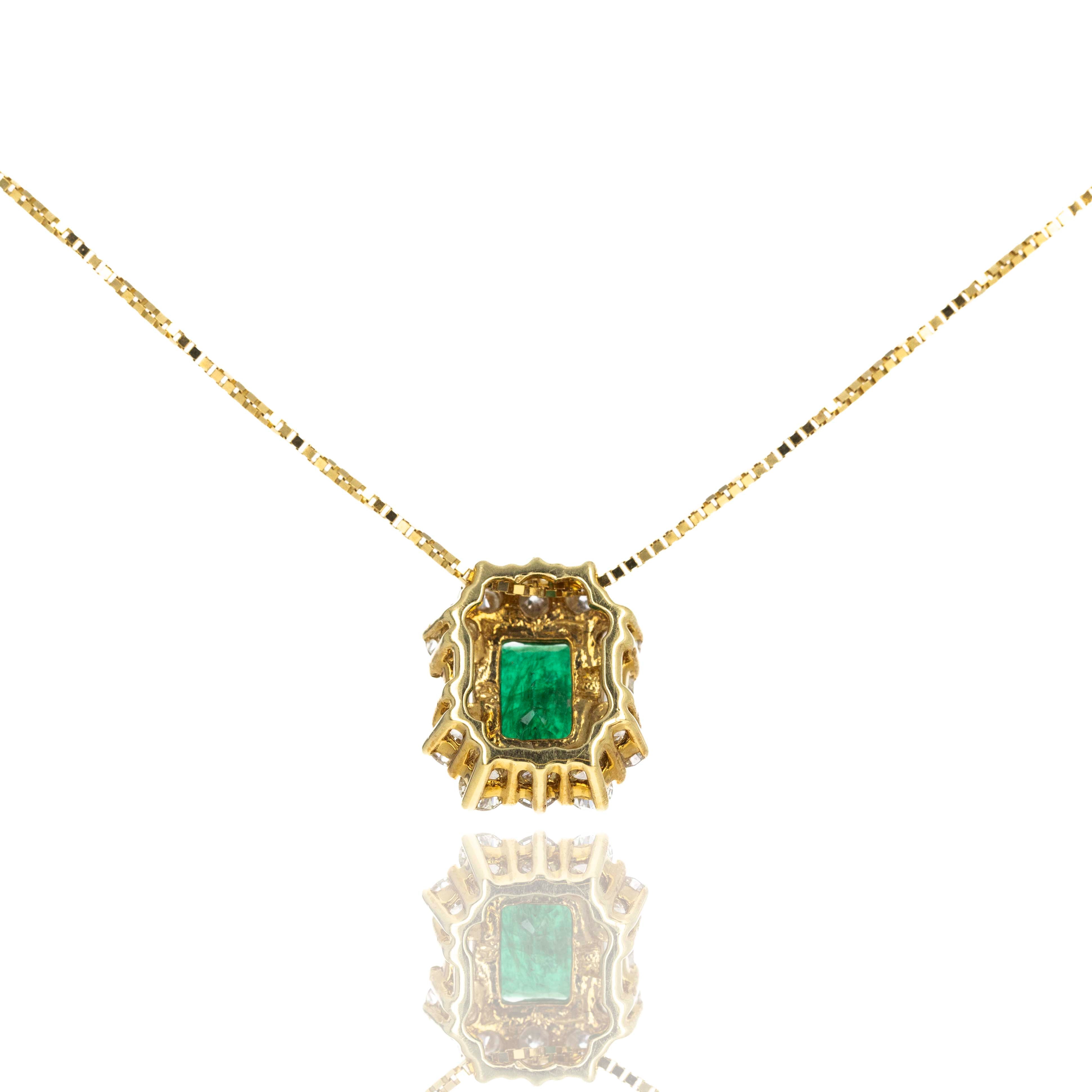 18K Yellow Gold 1.50 Carat Emerald Diamond Halo Pendant Necklace - Queen May