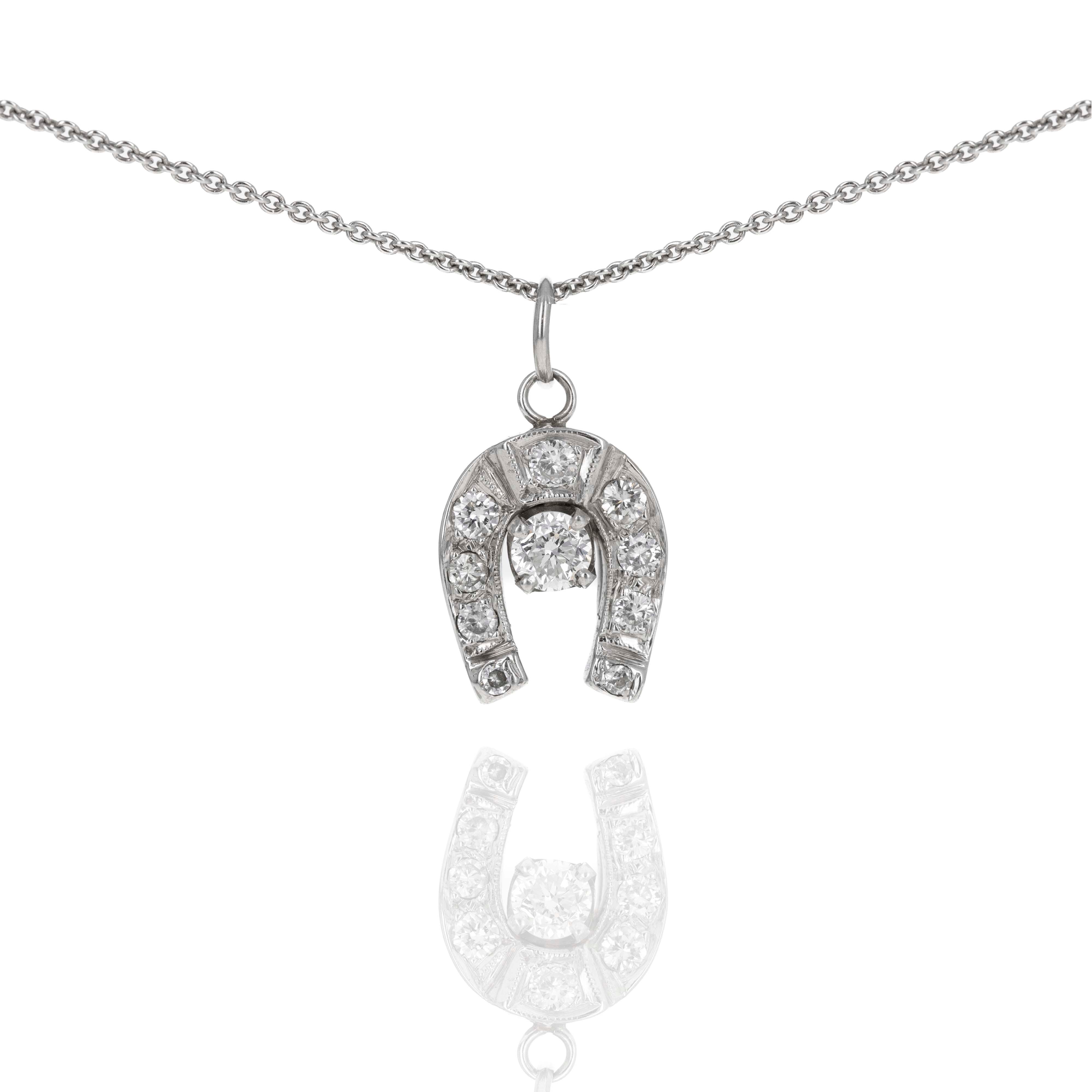 Mid Century 14K White Gold Diamond Horseshoe Pendant Necklace - Queen May