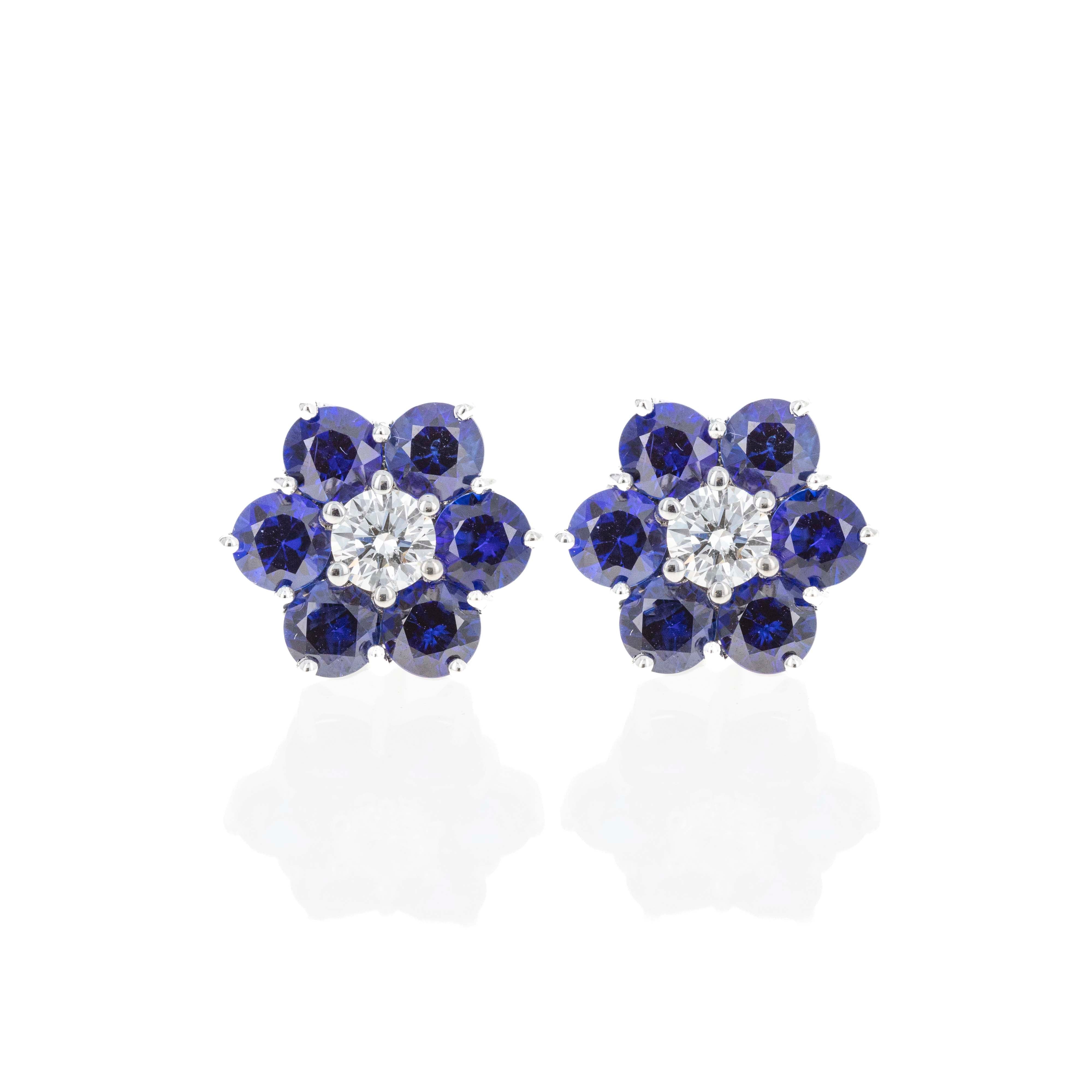 18K White Gold 3 Carat Sapphire Diamond Floral Halo Earrings - Queen May