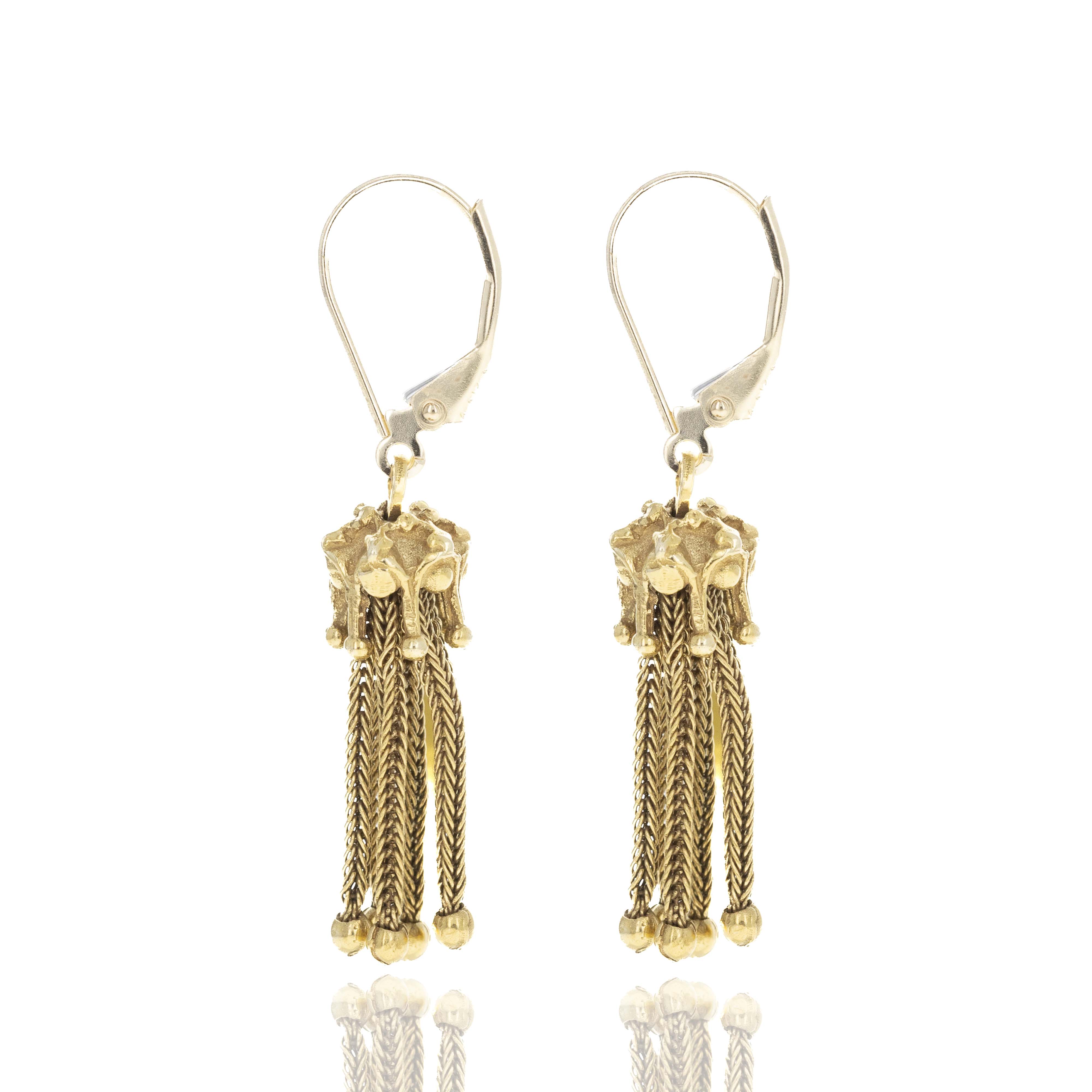 Victorian 14K Yellow Gold Textured Tassle Earrings - Queen May