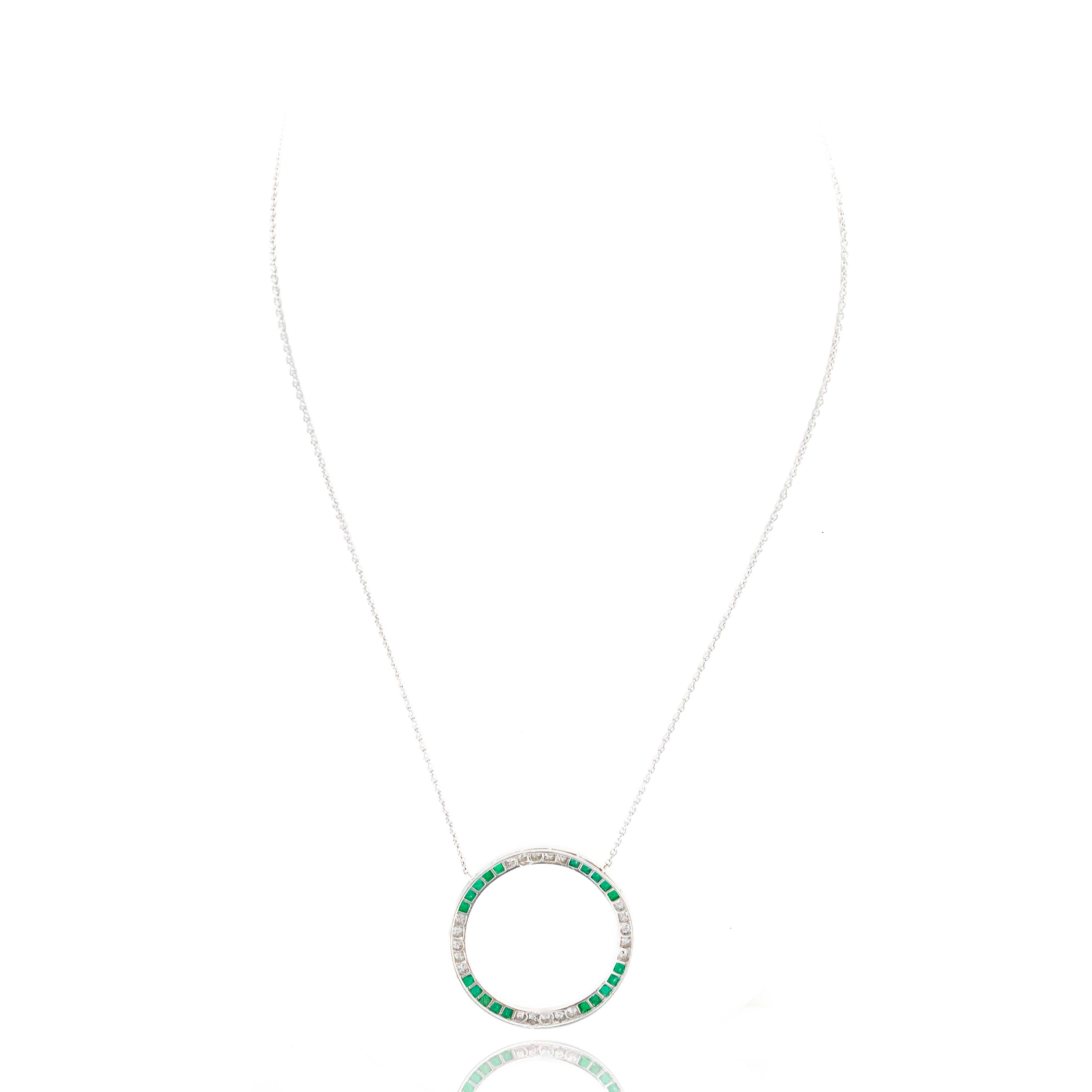 Art Deco Platinum 2 Carat Emerald and Old European Cut Diamond Pendant Necklace - Queen May