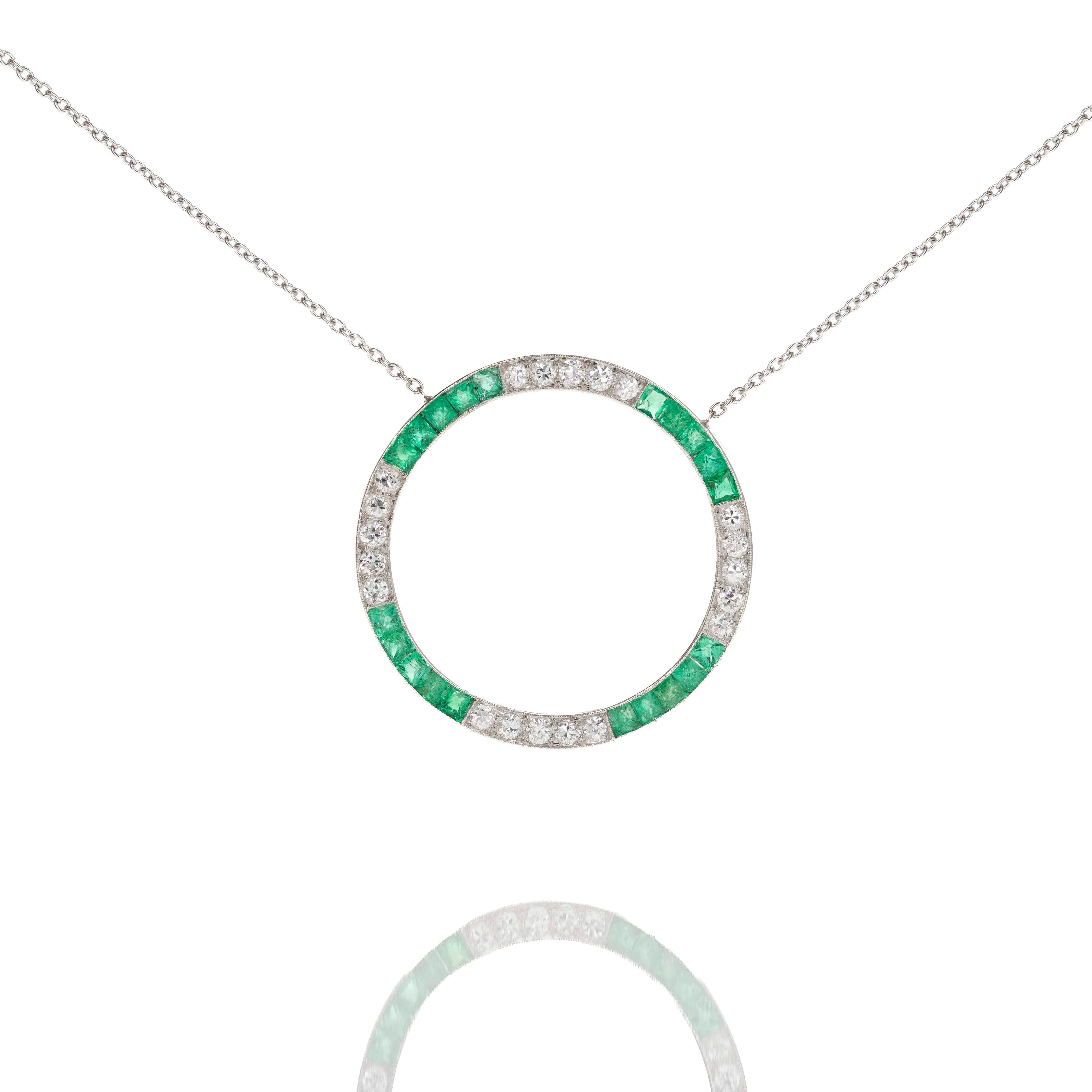 Art Deco Platinum 2 Carat Emerald and Old European Cut Diamond Pendant Necklace - Queen May
