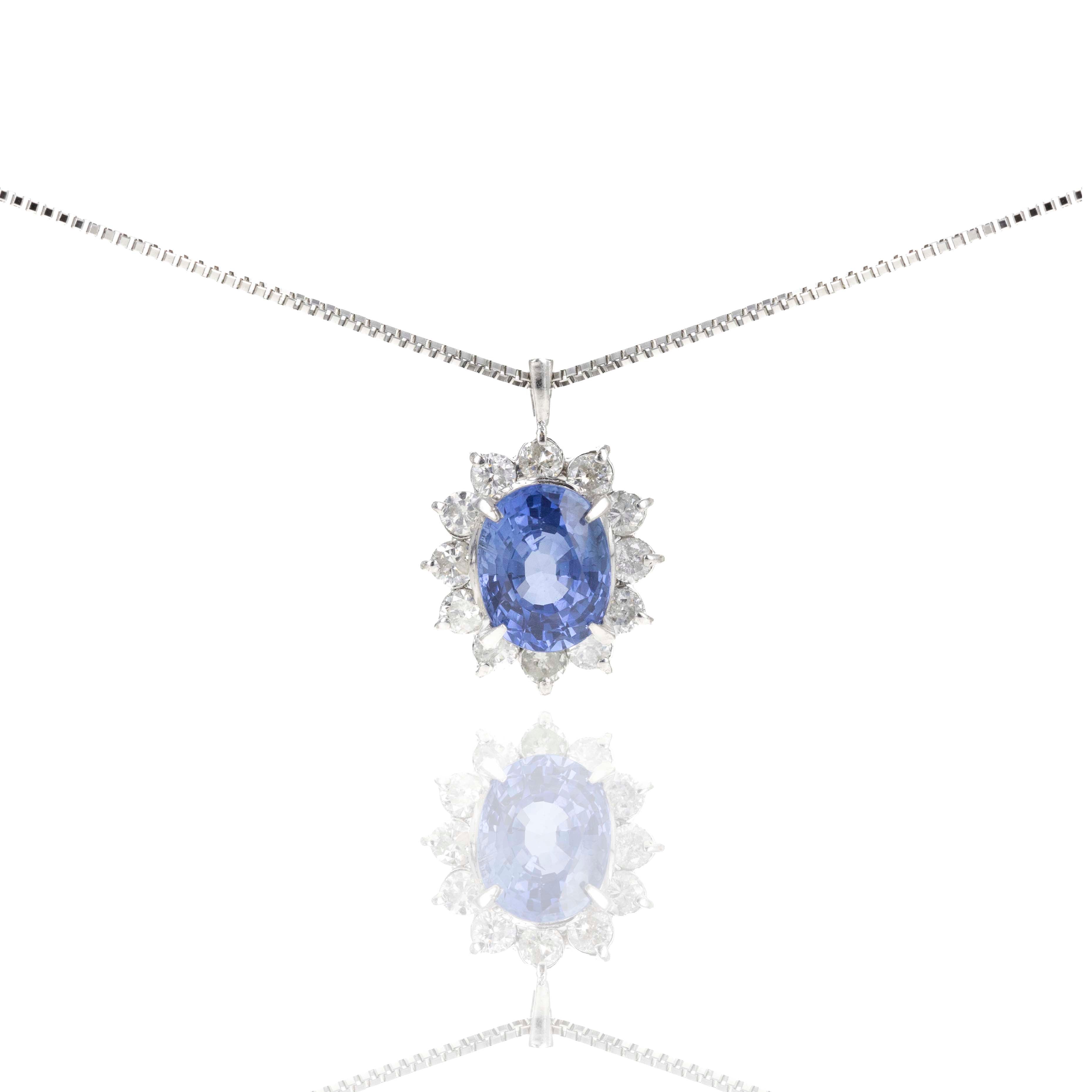 Platinum 1.78 Carat Sapphire Diamond Halo Pendant Necklace - Queen May