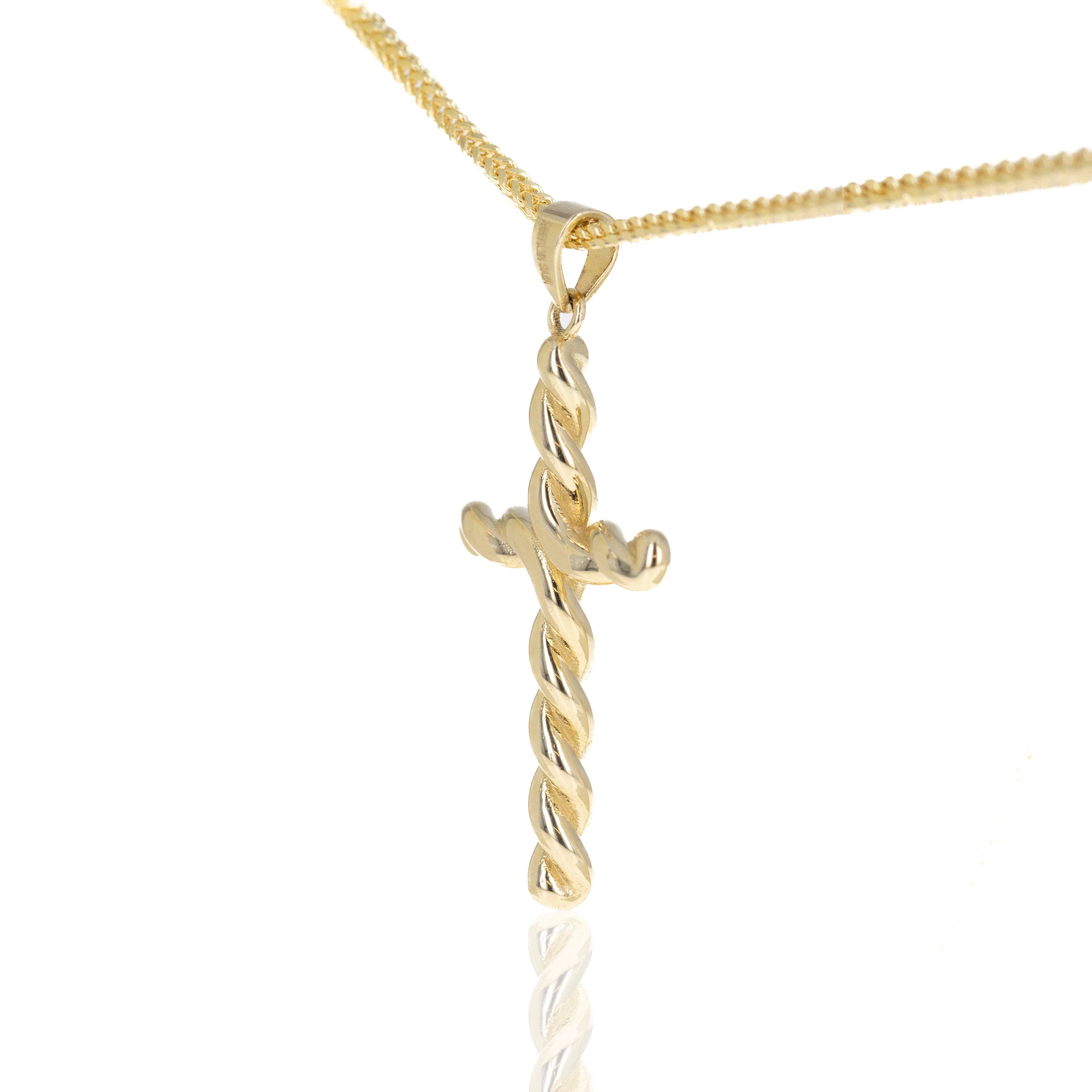 14K Yellow Gold Men's Large Twisted Cross Pendant Necklace - Queen May