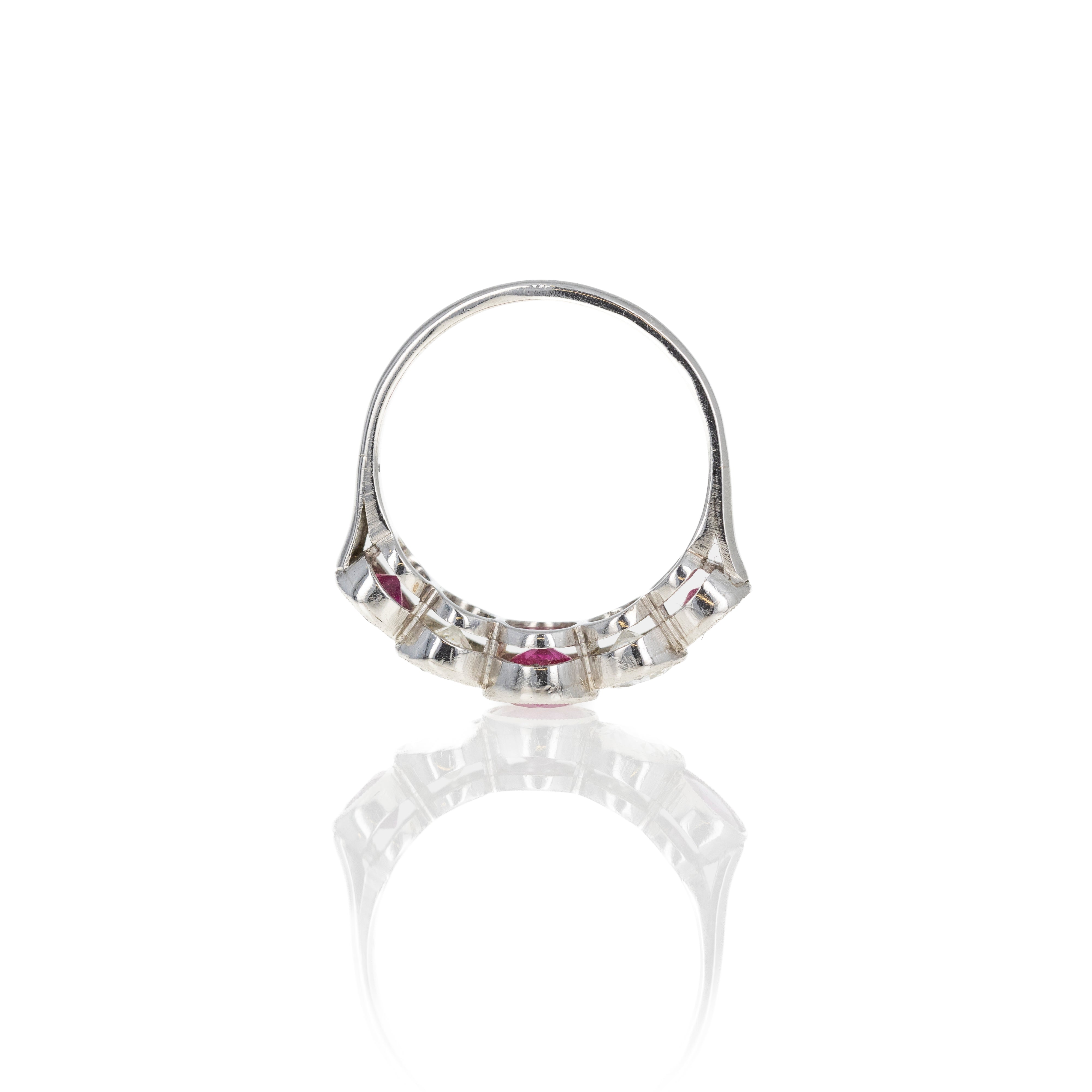 Art Deco Inspired Round Natural Ruby Diamond Five Stone Bezel Ring - Queen May