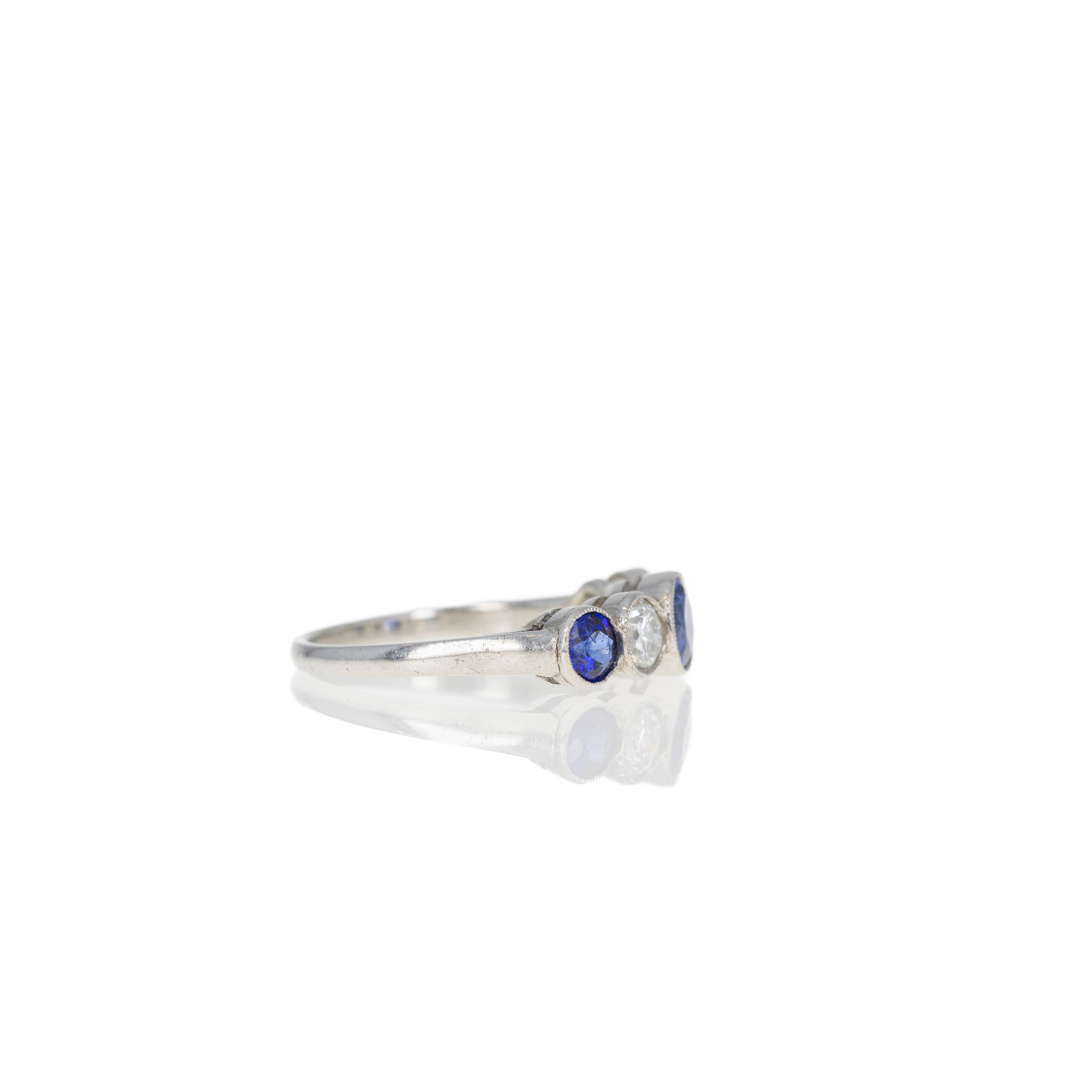 Art Deco Inspired Round Natural Sapphire Diamond Five Stone Bezel Ring - Queen May