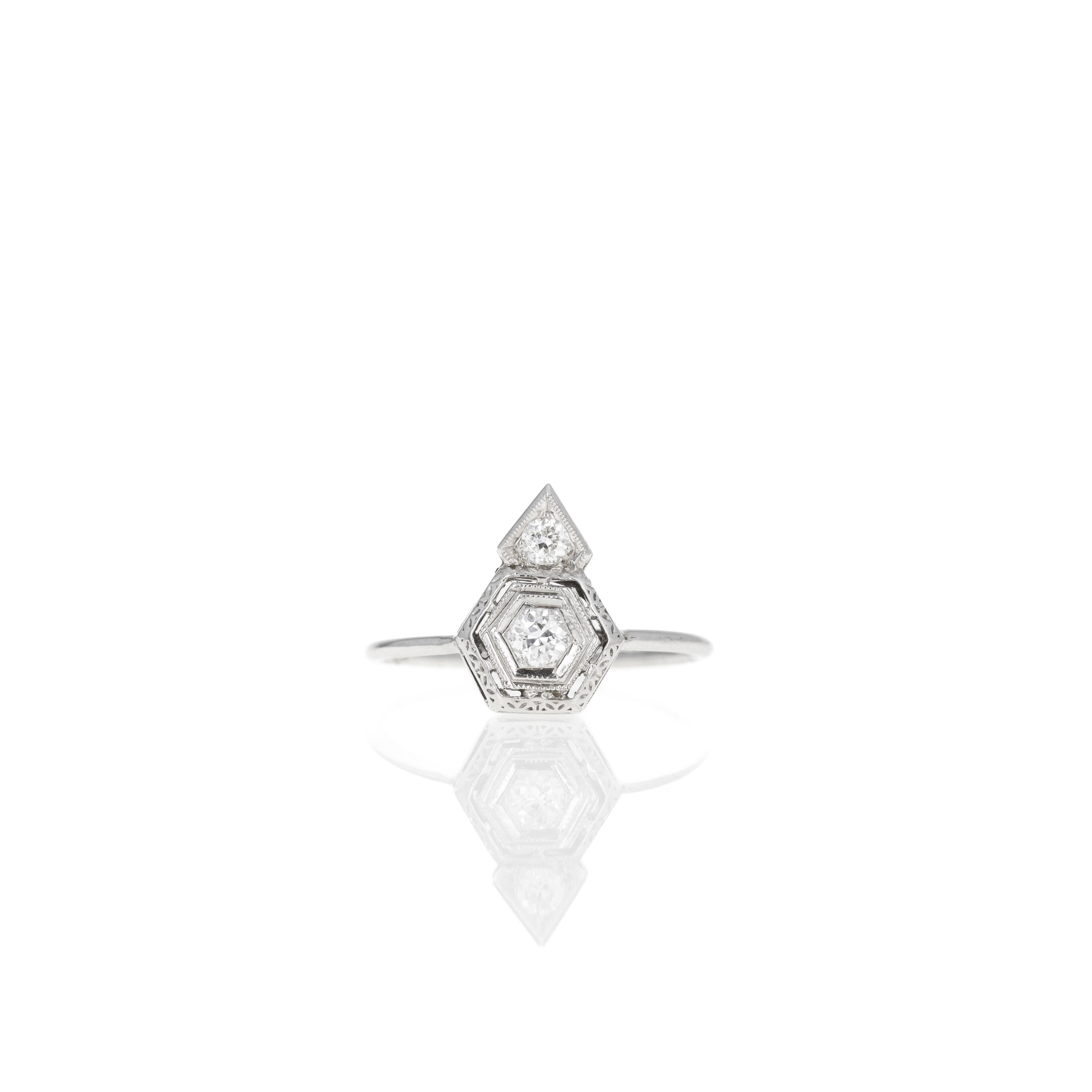 Art Deco 14K White Gold Old European Cut Diamond Filigree Stick Pin Conversion Ring - Queen May