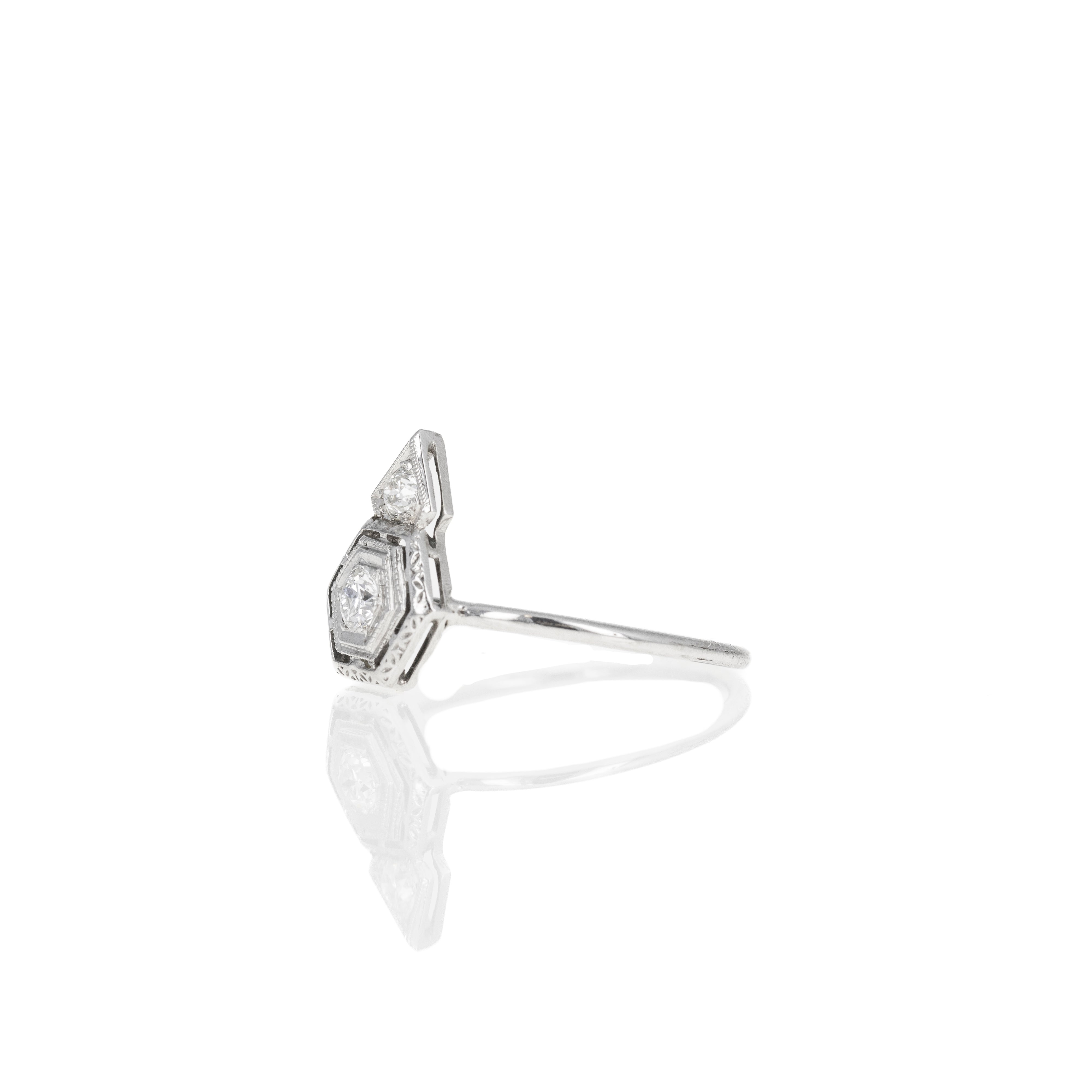 Art Deco 14K White Gold Old European Cut Diamond Filigree Stick Pin Conversion Ring - Queen May