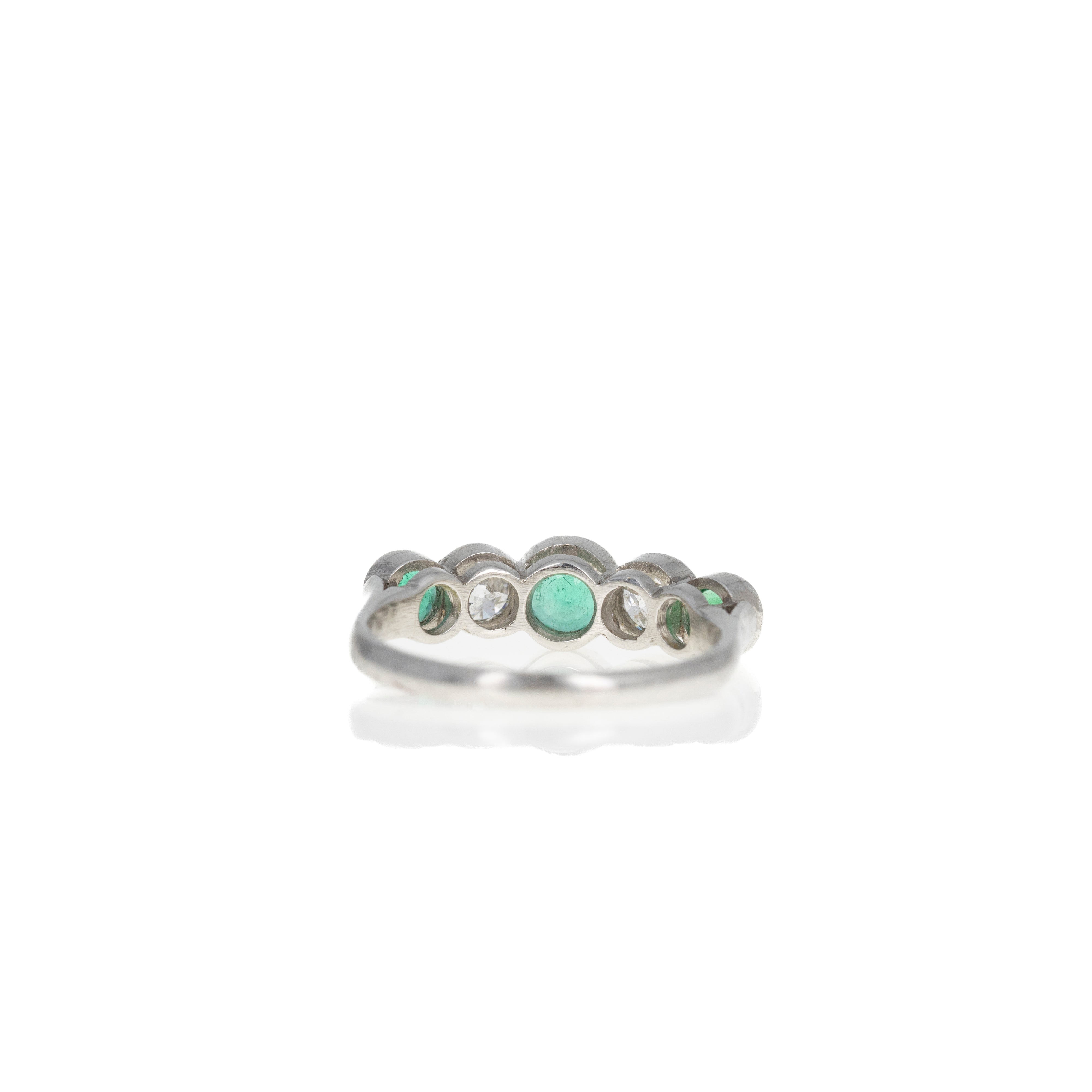 Art Deco Inspired Round Natural Emerald Diamond Five Stone Bezel Ring - Queen May