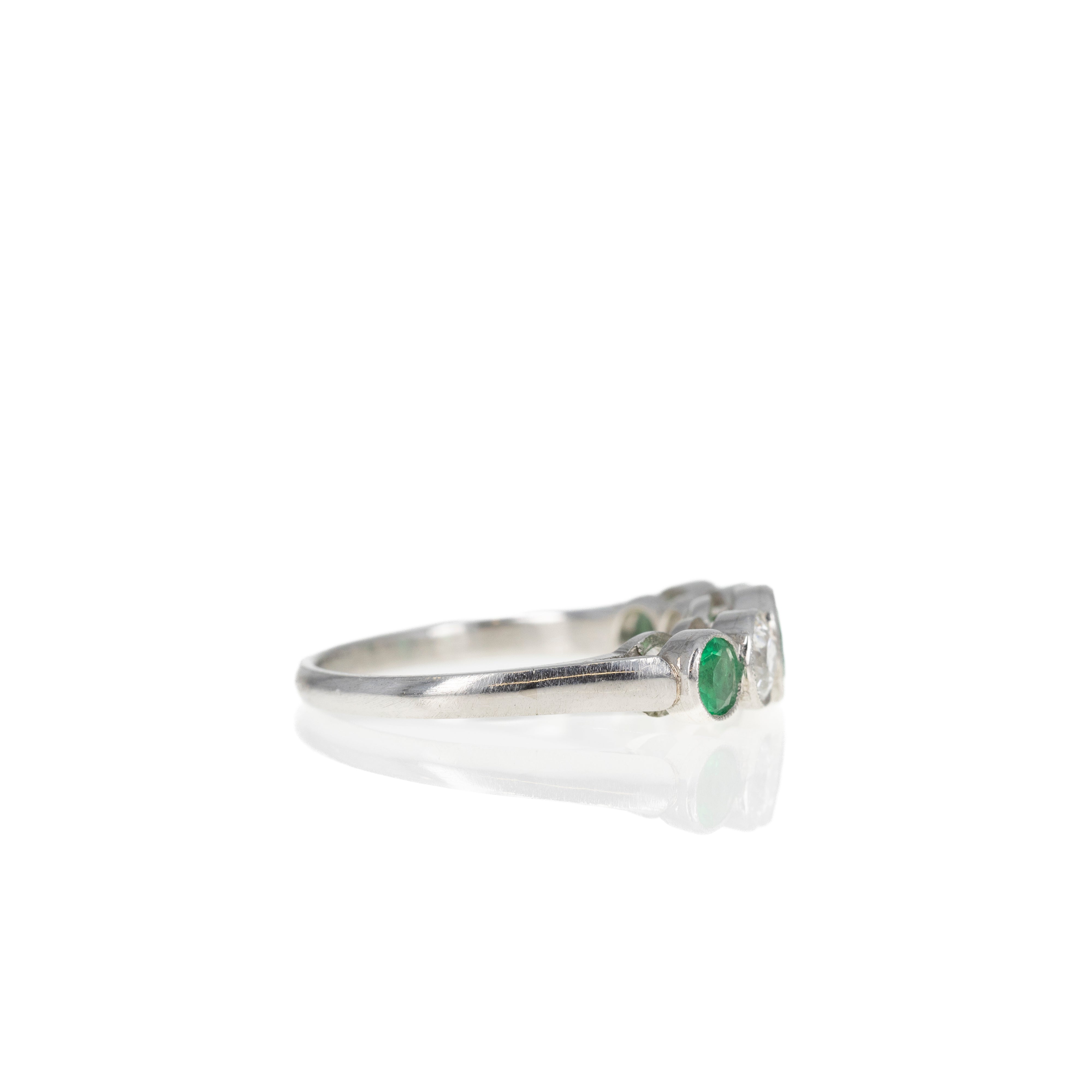 Art Deco Inspired Round Natural Emerald Diamond Five Stone Bezel Ring - Queen May