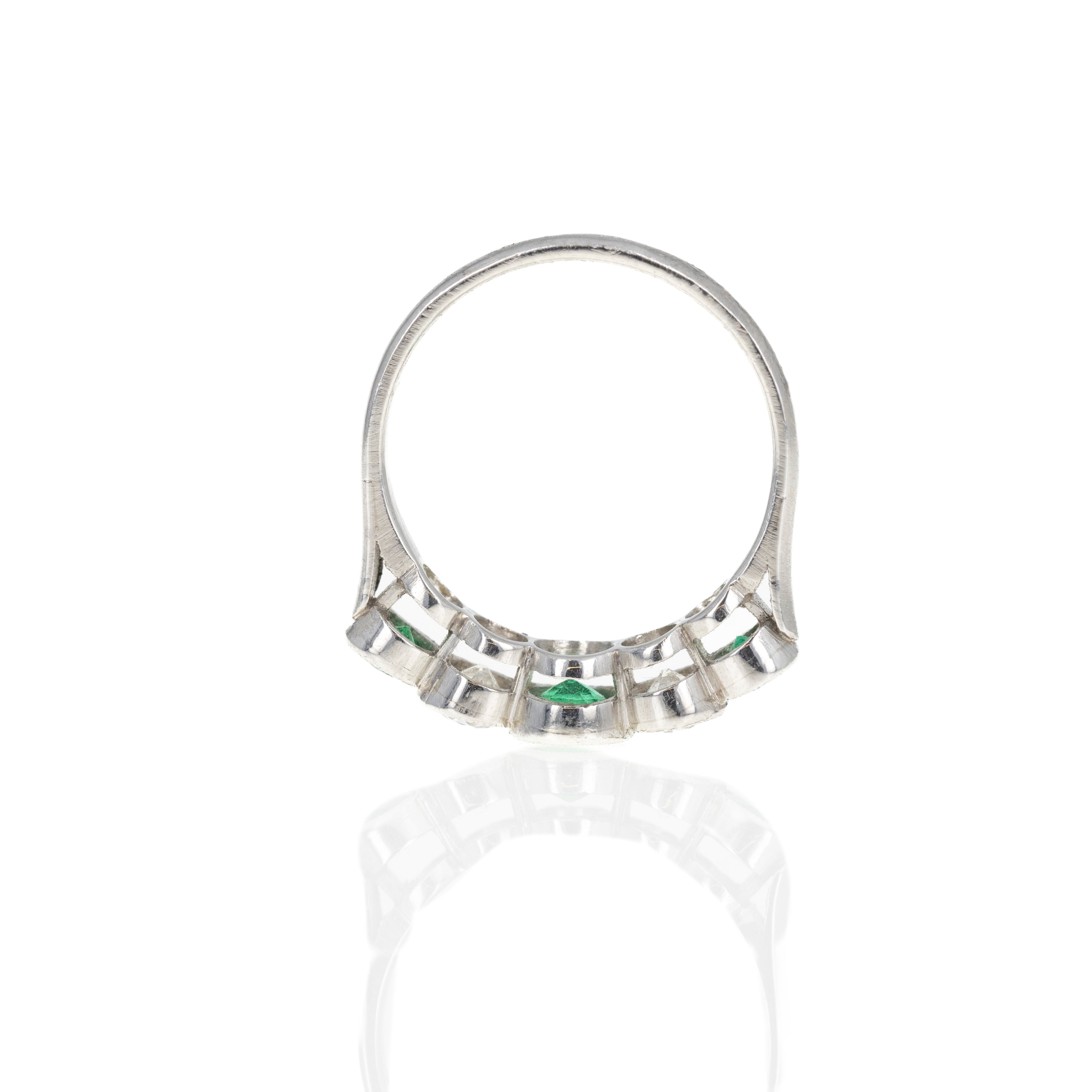 Art Deco Inspired Round Natural Emerald Diamond Five Stone Bezel Ring - Queen May