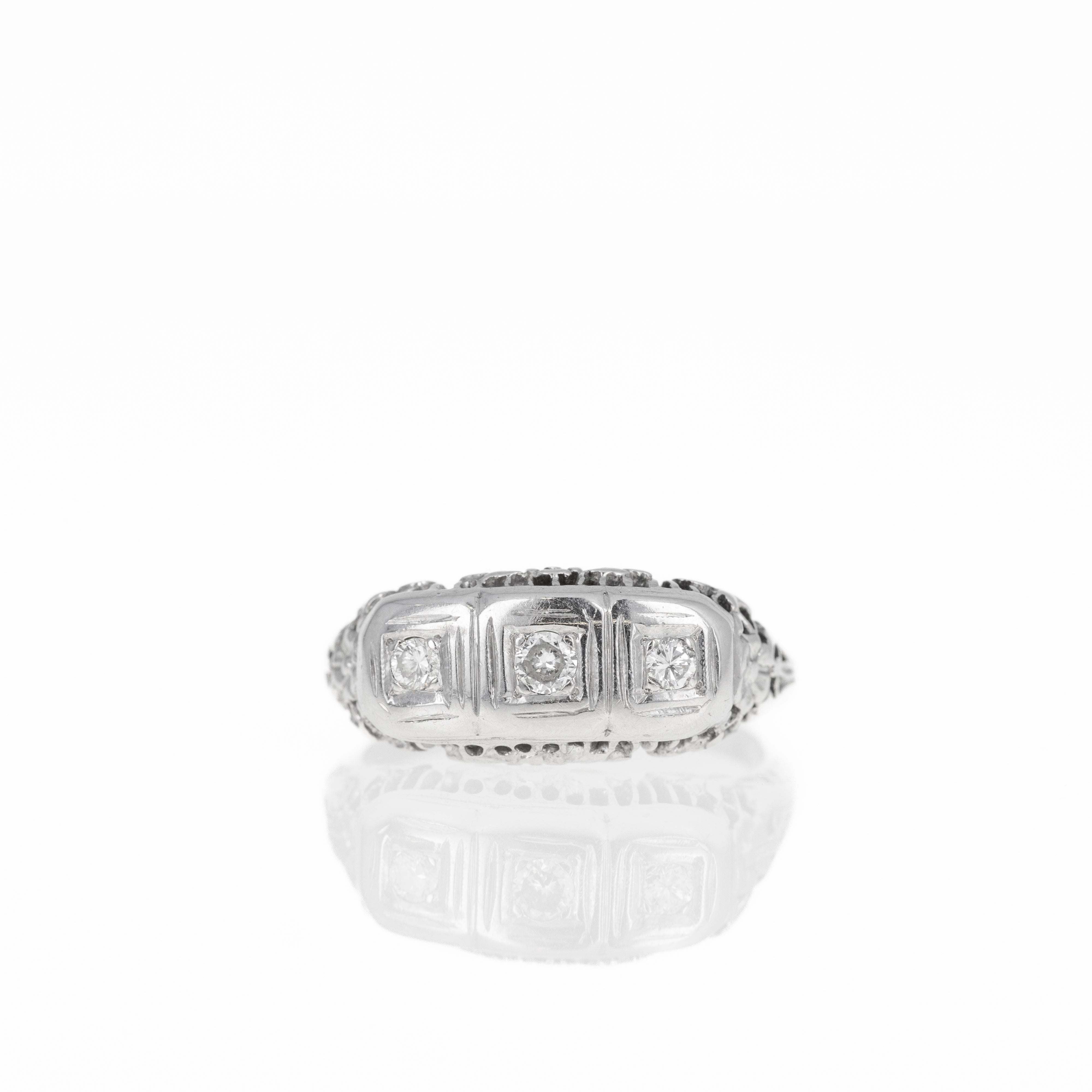 Art Deco 14K White Gold 0.15 Carat Diamond Three Stone Filigree Ring - Queen May