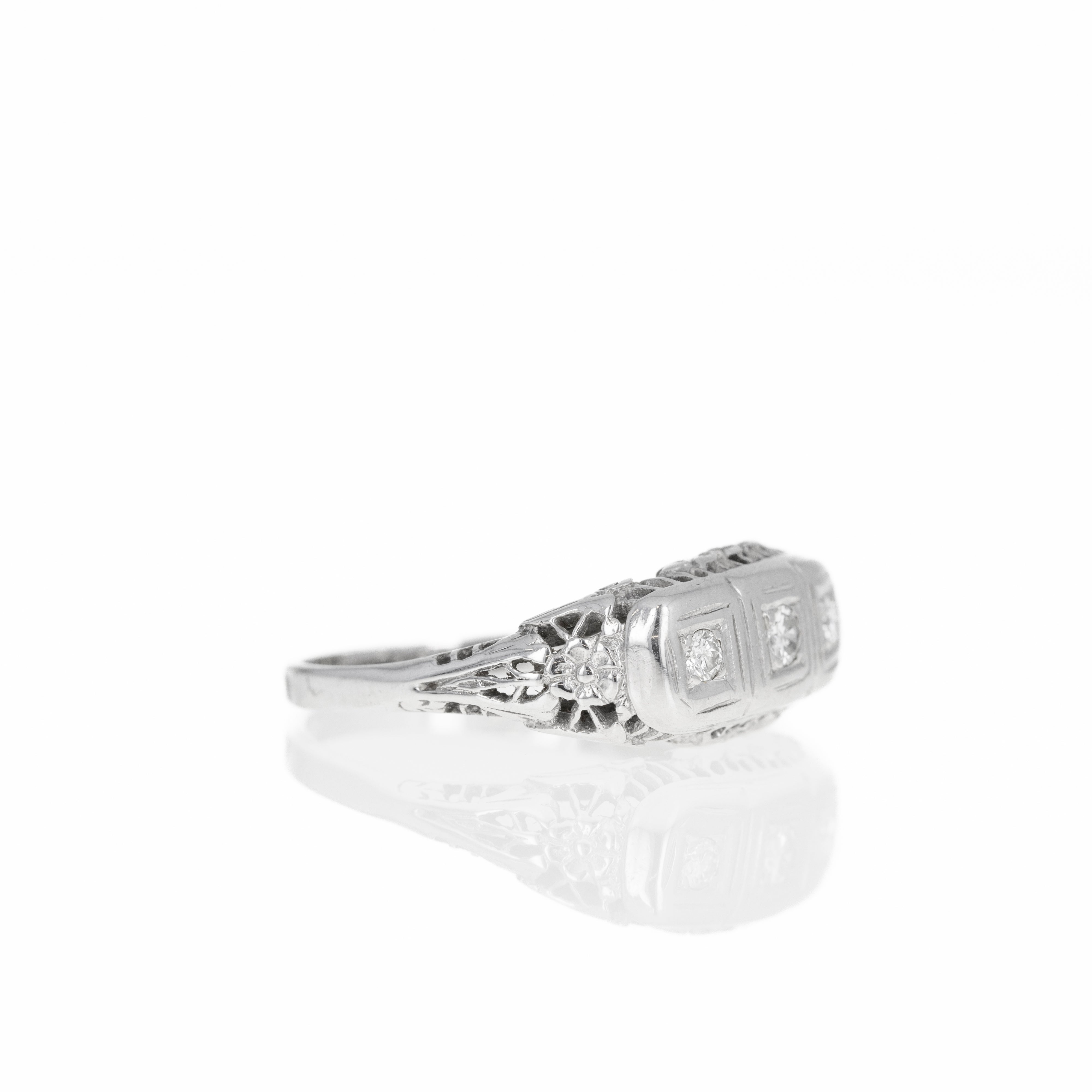 Art Deco 14K White Gold 0.15 Carat Diamond Three Stone Filigree Ring - Queen May