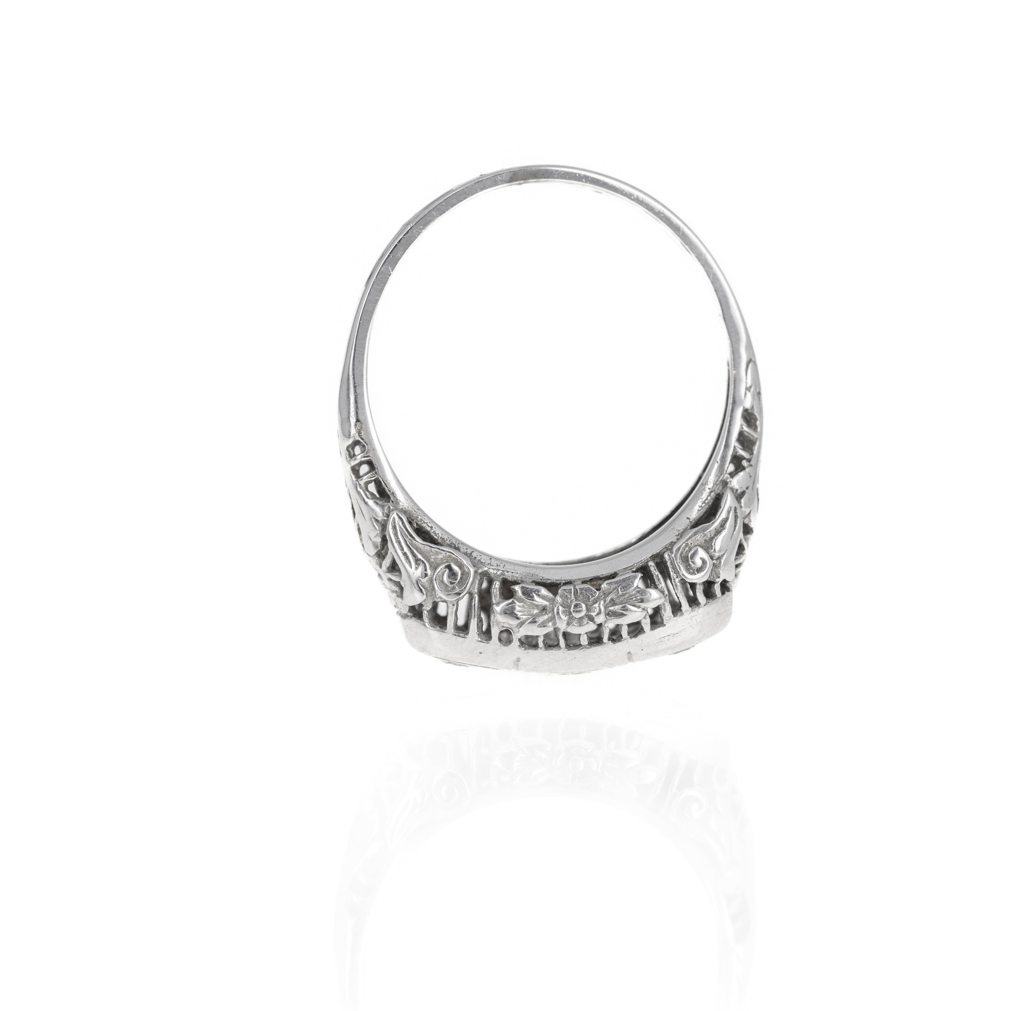 Art Deco 14K White Gold 0.15 Carat Diamond Three Stone Filigree Ring - Queen May