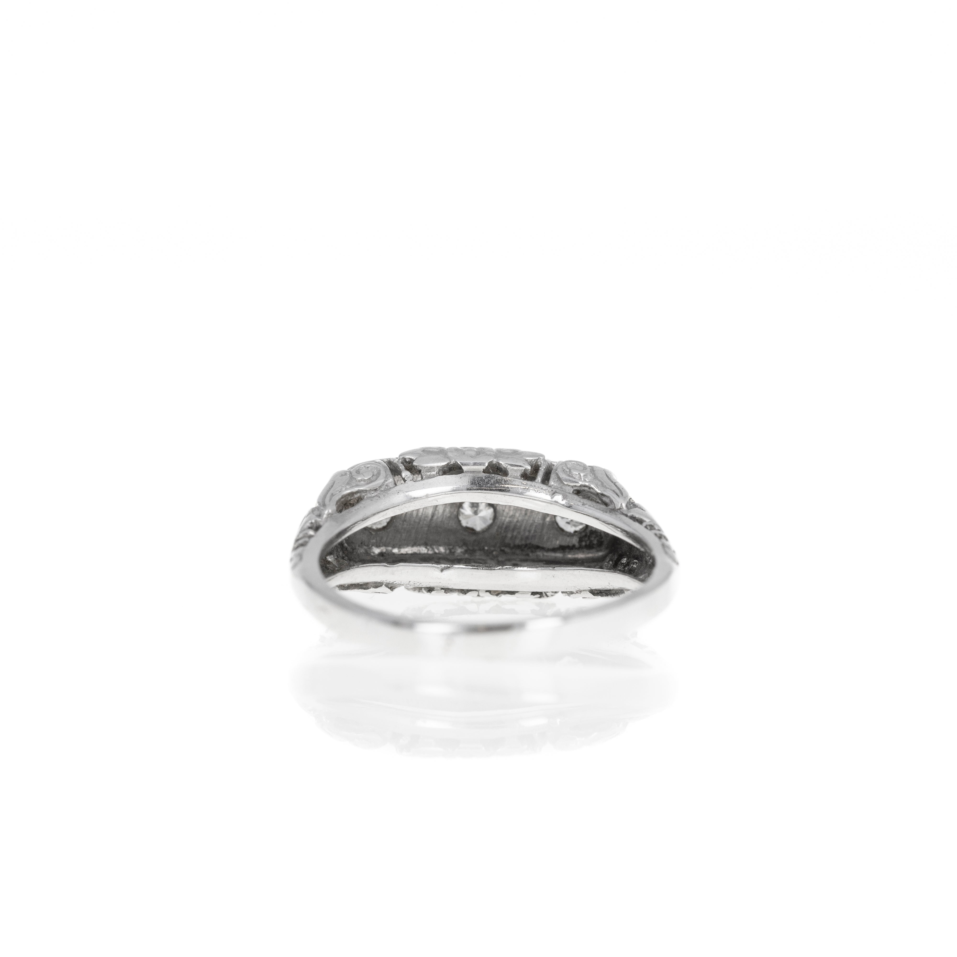 Art Deco 14K White Gold 0.15 Carat Diamond Three Stone Filigree Ring - Queen May