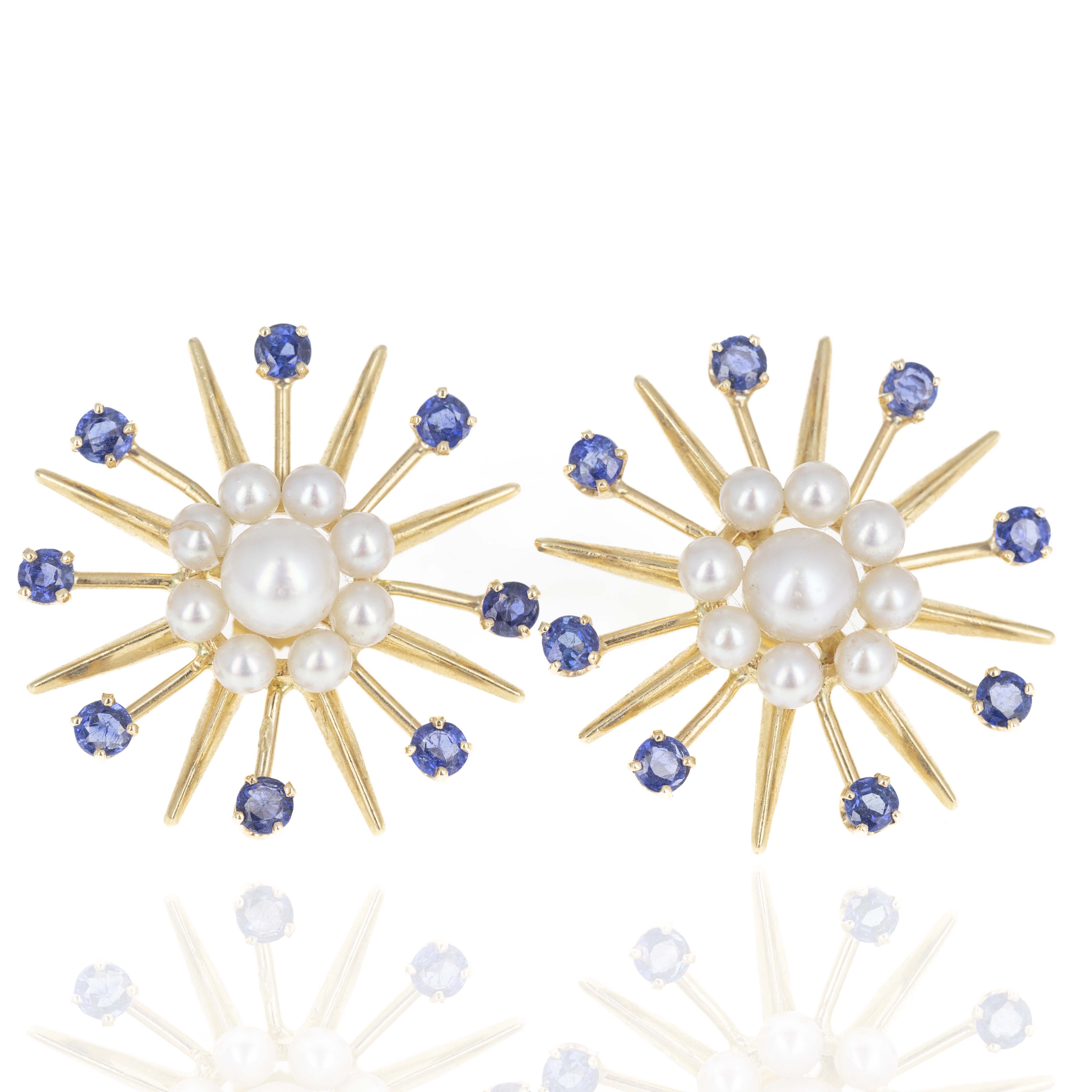 Vintage 14K Yellow Gold 1 Carat Sapphire Cultured Pearl Star Earrings - Queen May