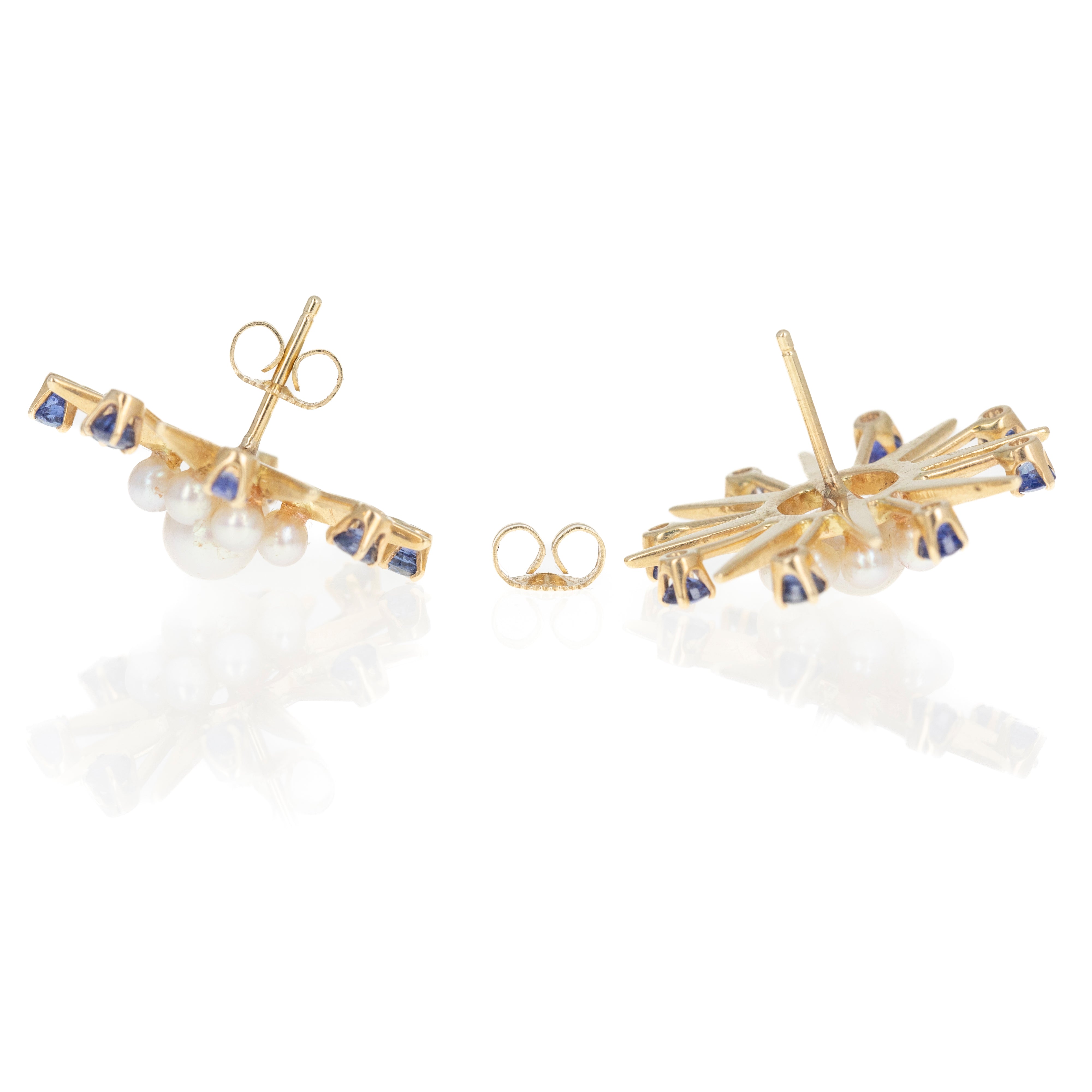 Vintage 14K Yellow Gold 1 Carat Sapphire Cultured Pearl Star Earrings - Queen May