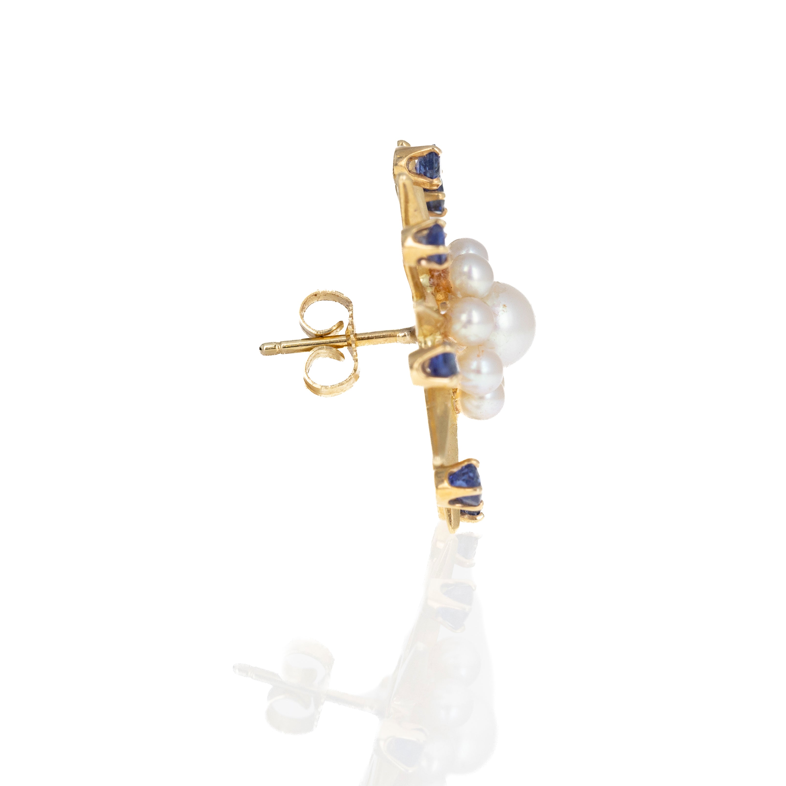 Vintage 14K Yellow Gold 1 Carat Sapphire Cultured Pearl Star Earrings - Queen May