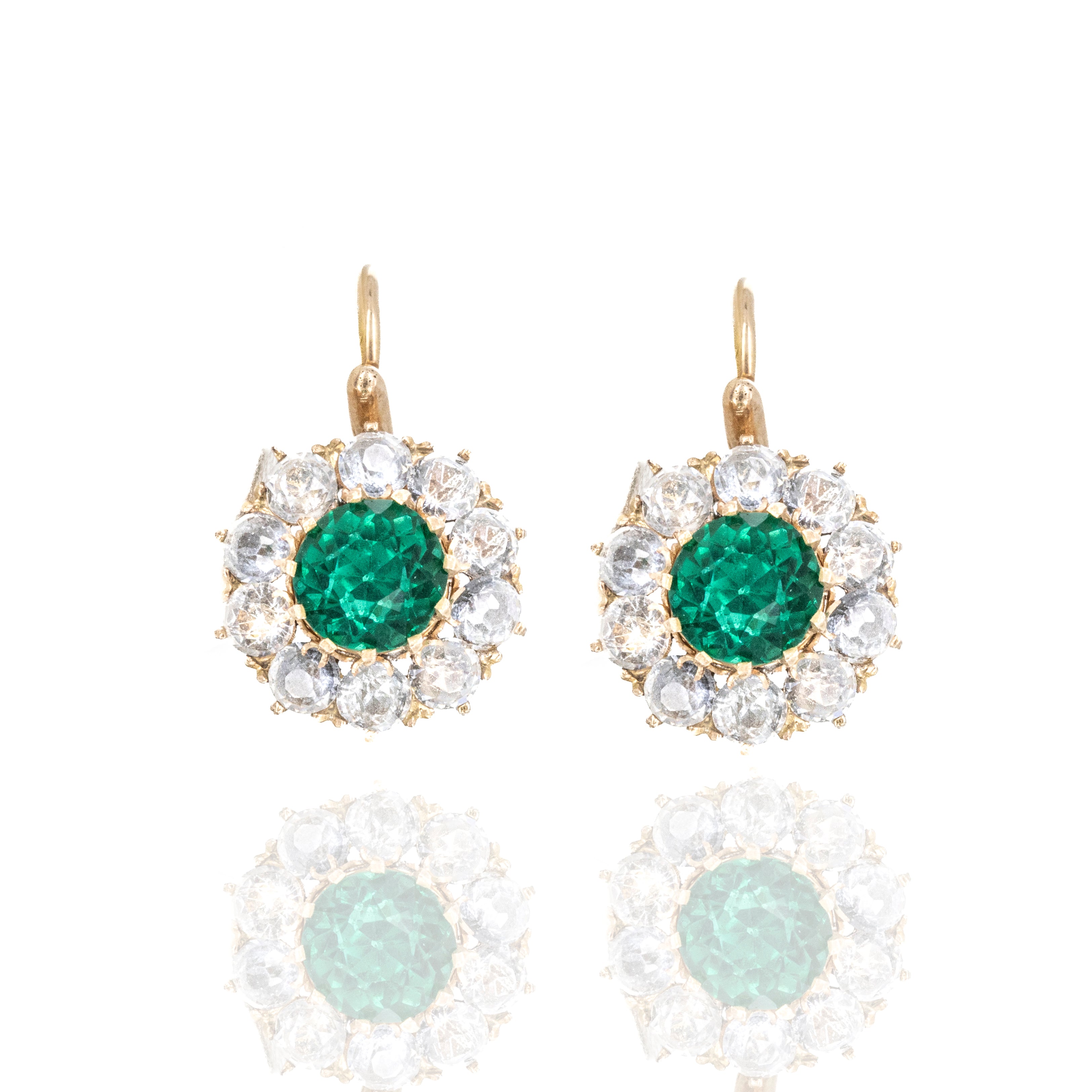 Victorian 14K Yellow Gold Green and Clear Paste Stone Earrings - Queen May