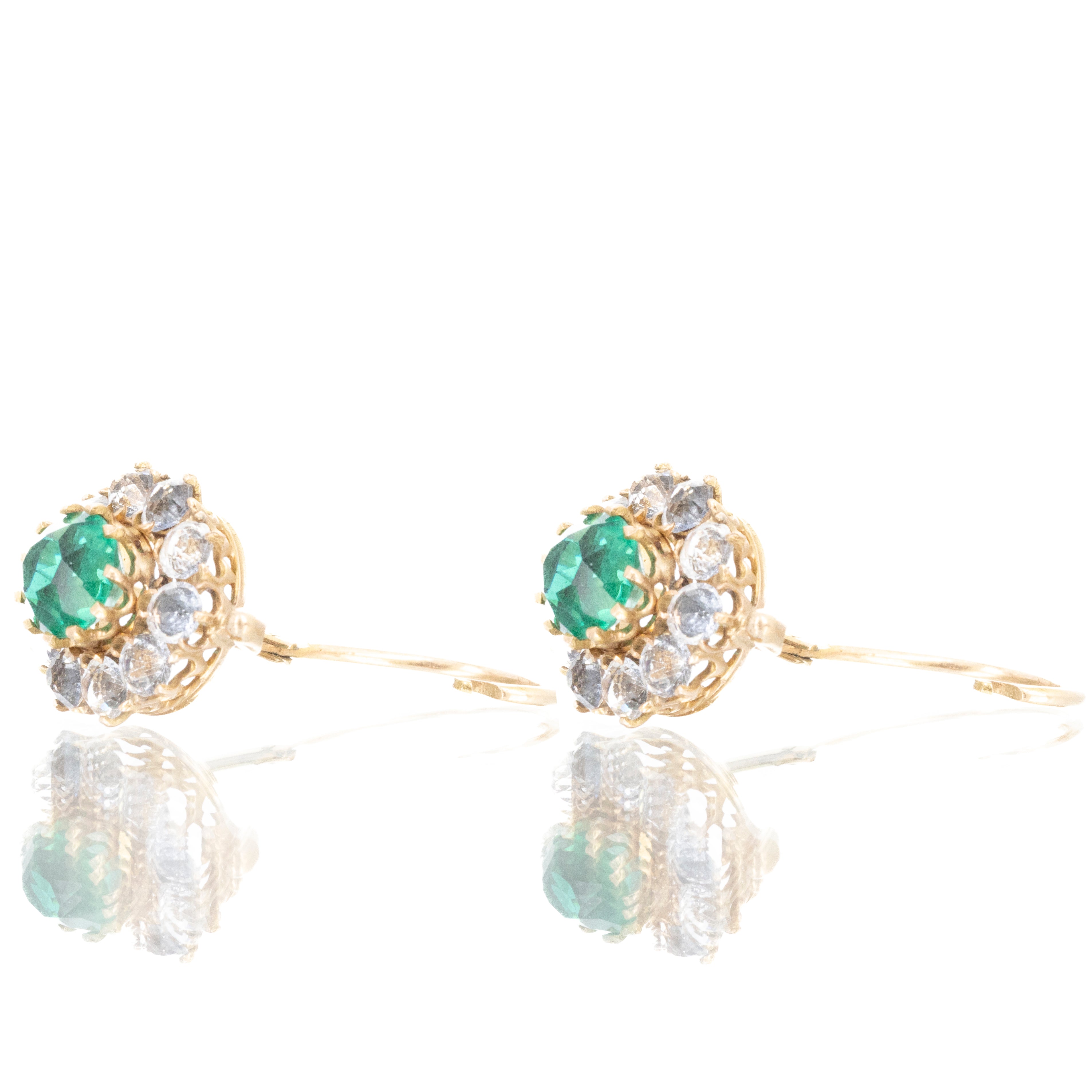 Victorian 14K Yellow Gold Green and Clear Paste Stone Earrings - Queen May