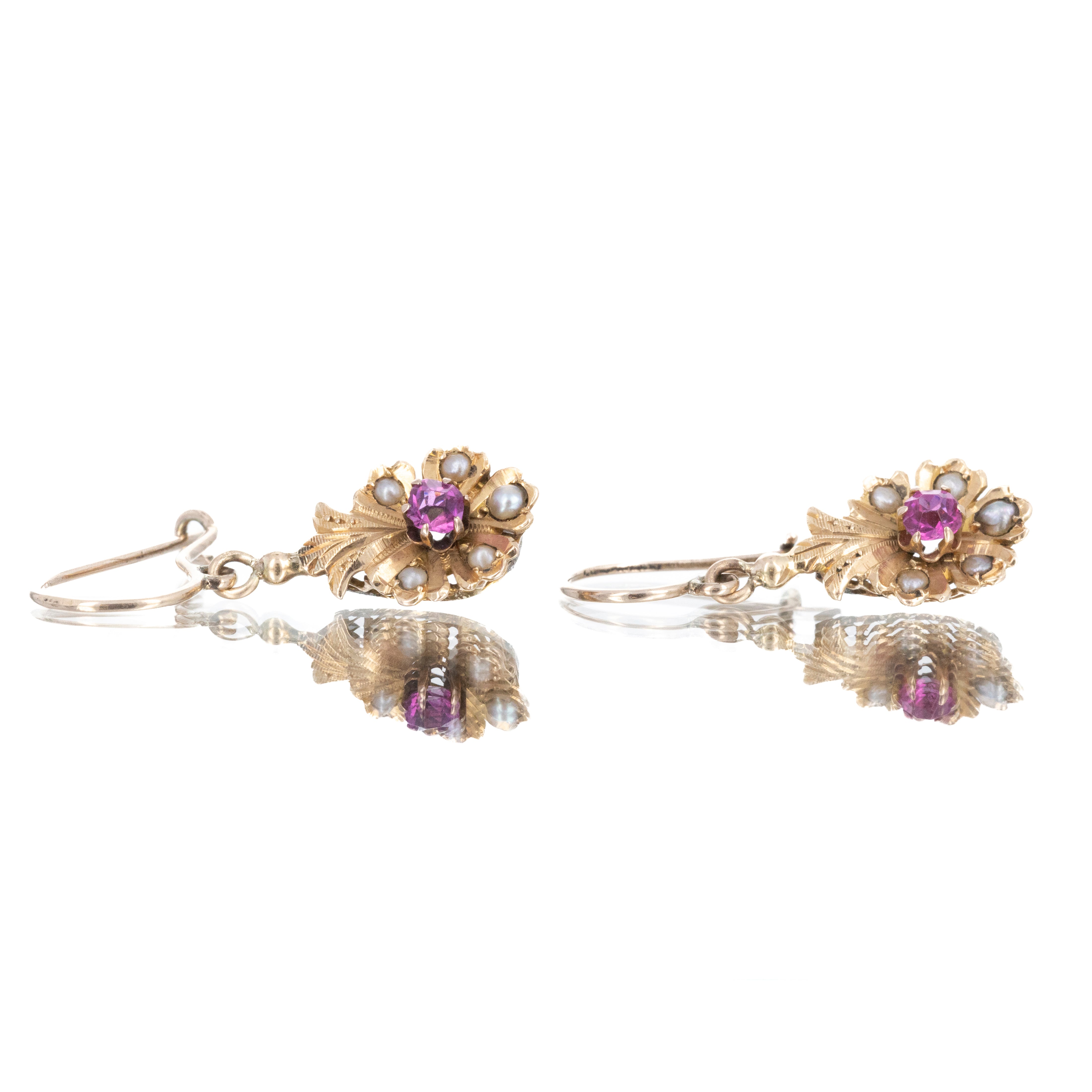 Victorian 14K Yellow Gold Glass and Seed Pearl Drop Earrings - Queen May