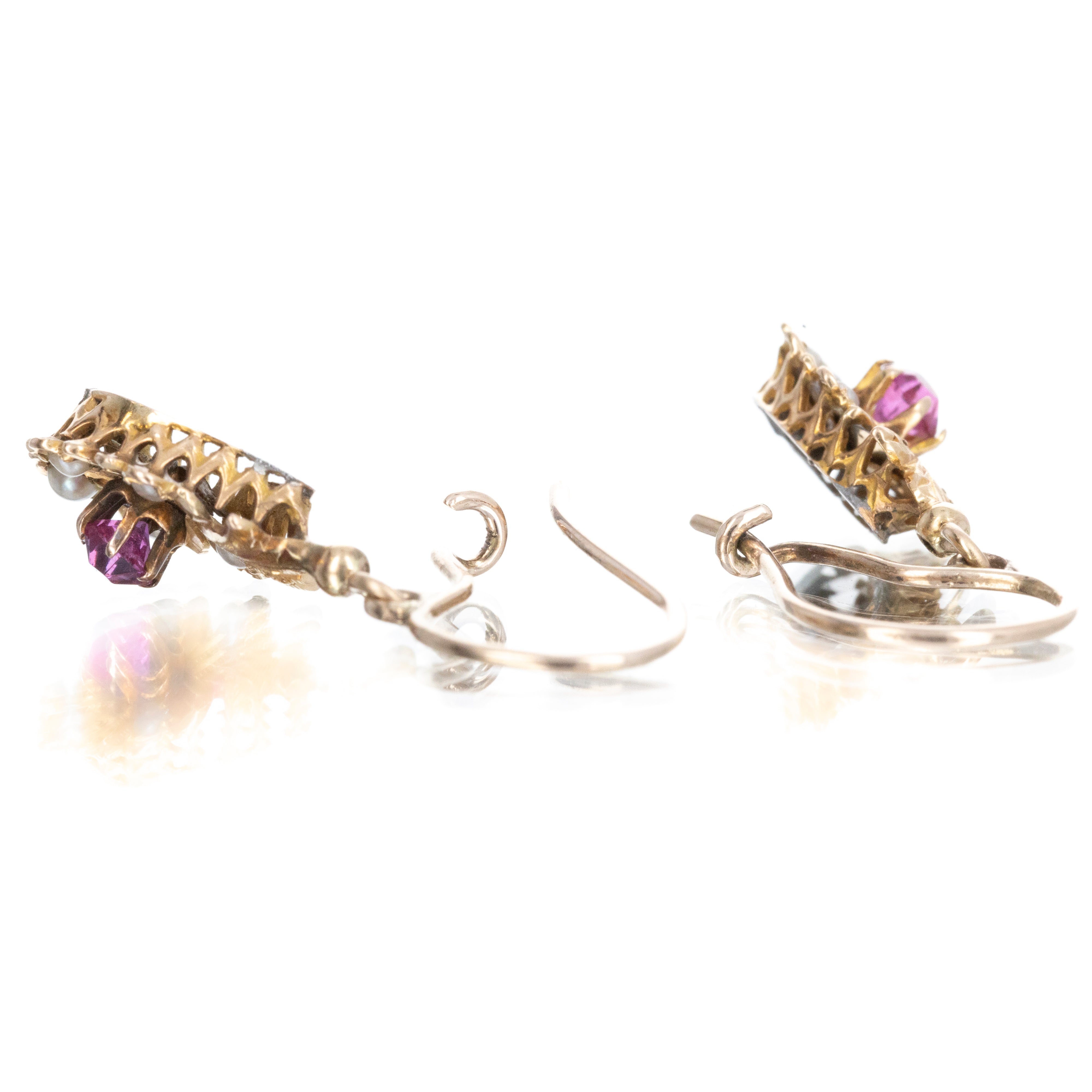 Victorian 14K Yellow Gold Glass and Seed Pearl Drop Earrings - Queen May