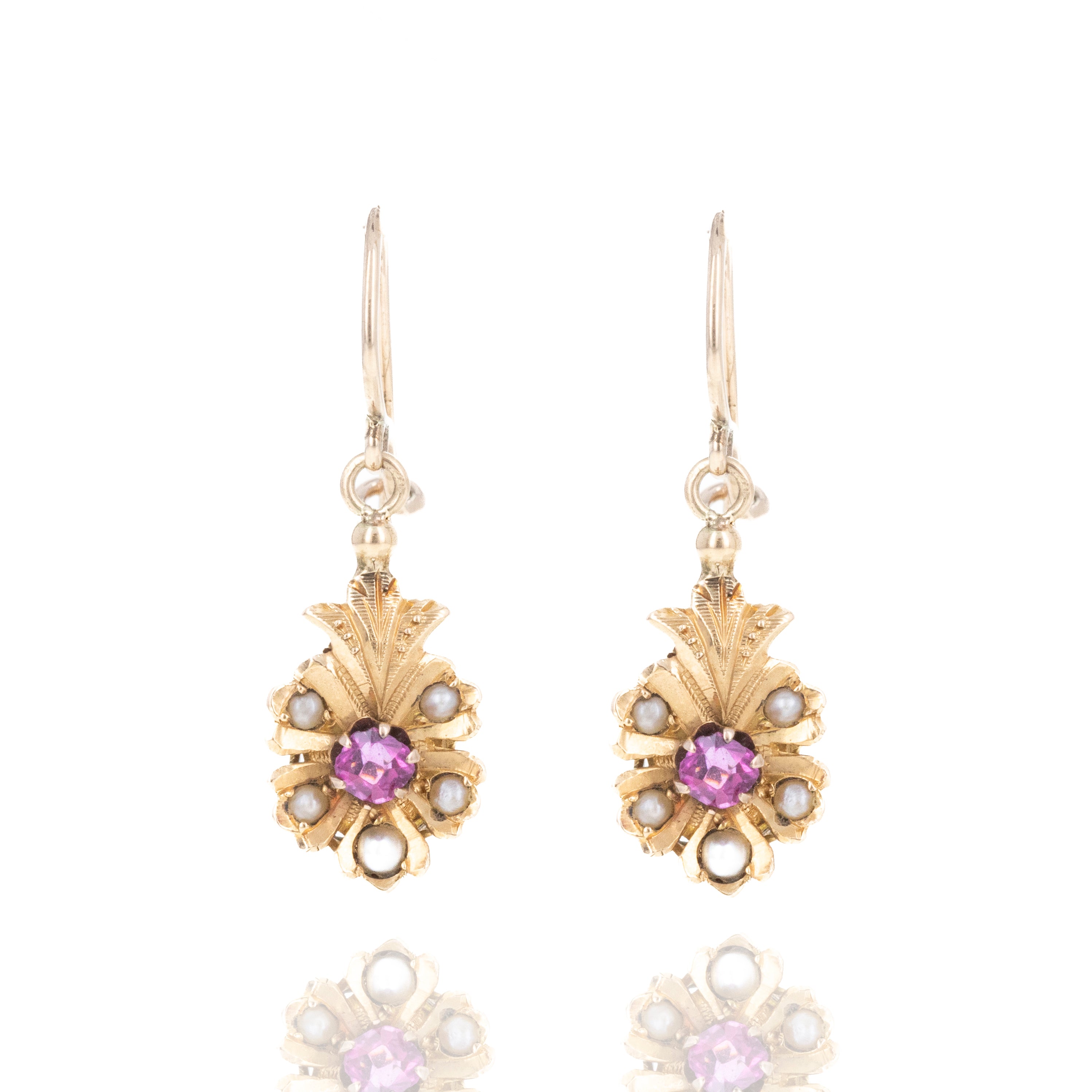 Victorian 14K Yellow Gold Glass and Seed Pearl Drop Earrings - Queen May
