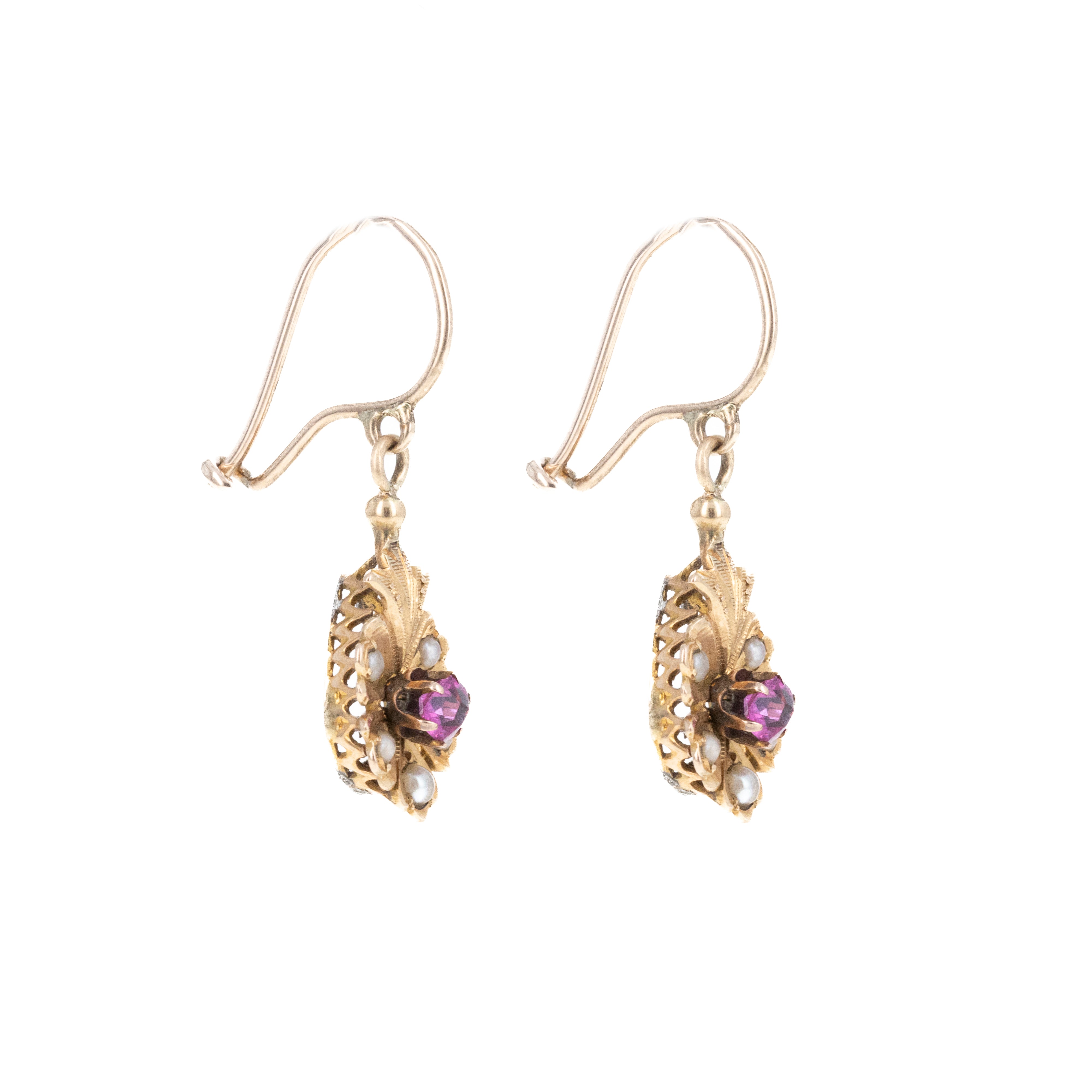 Victorian 14K Yellow Gold Glass and Seed Pearl Drop Earrings - Queen May