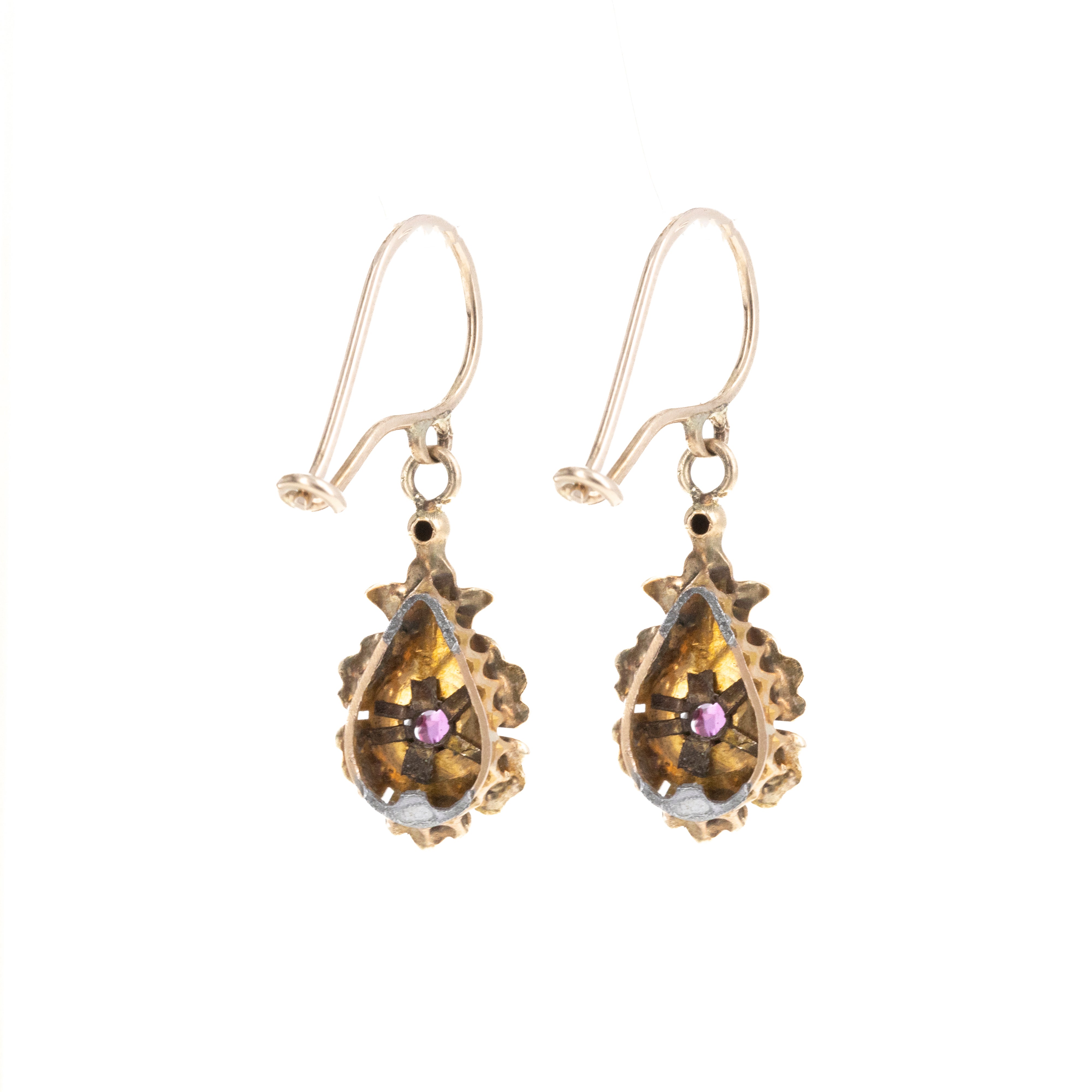 Victorian 14K Yellow Gold Glass and Seed Pearl Drop Earrings - Queen May