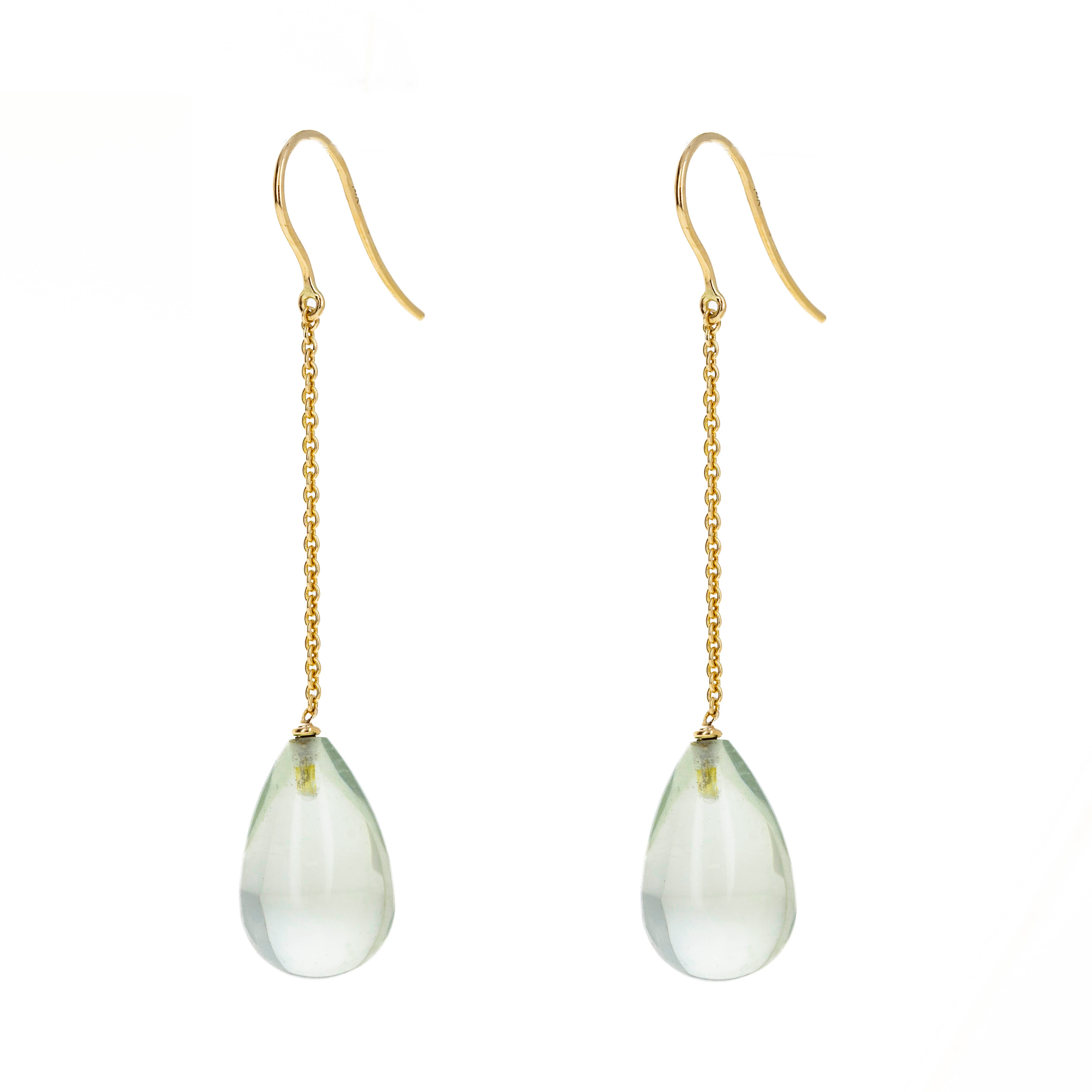 14K Yellow Gold 19.49 Carat Green Amethyst Teardrop Chain Earrings - Queen May