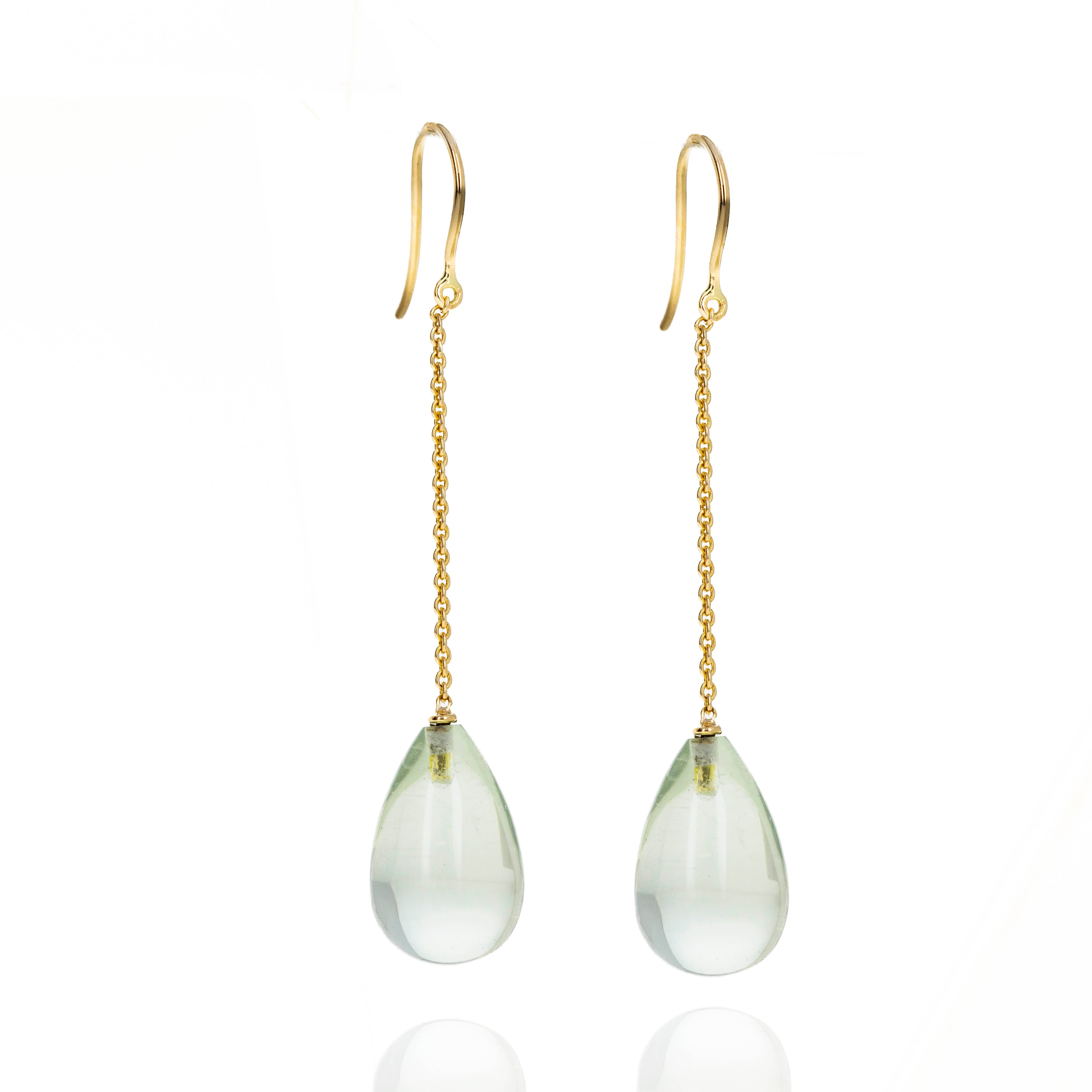 14K Yellow Gold 19.49 Carat Green Amethyst Teardrop Chain Earrings - Queen May