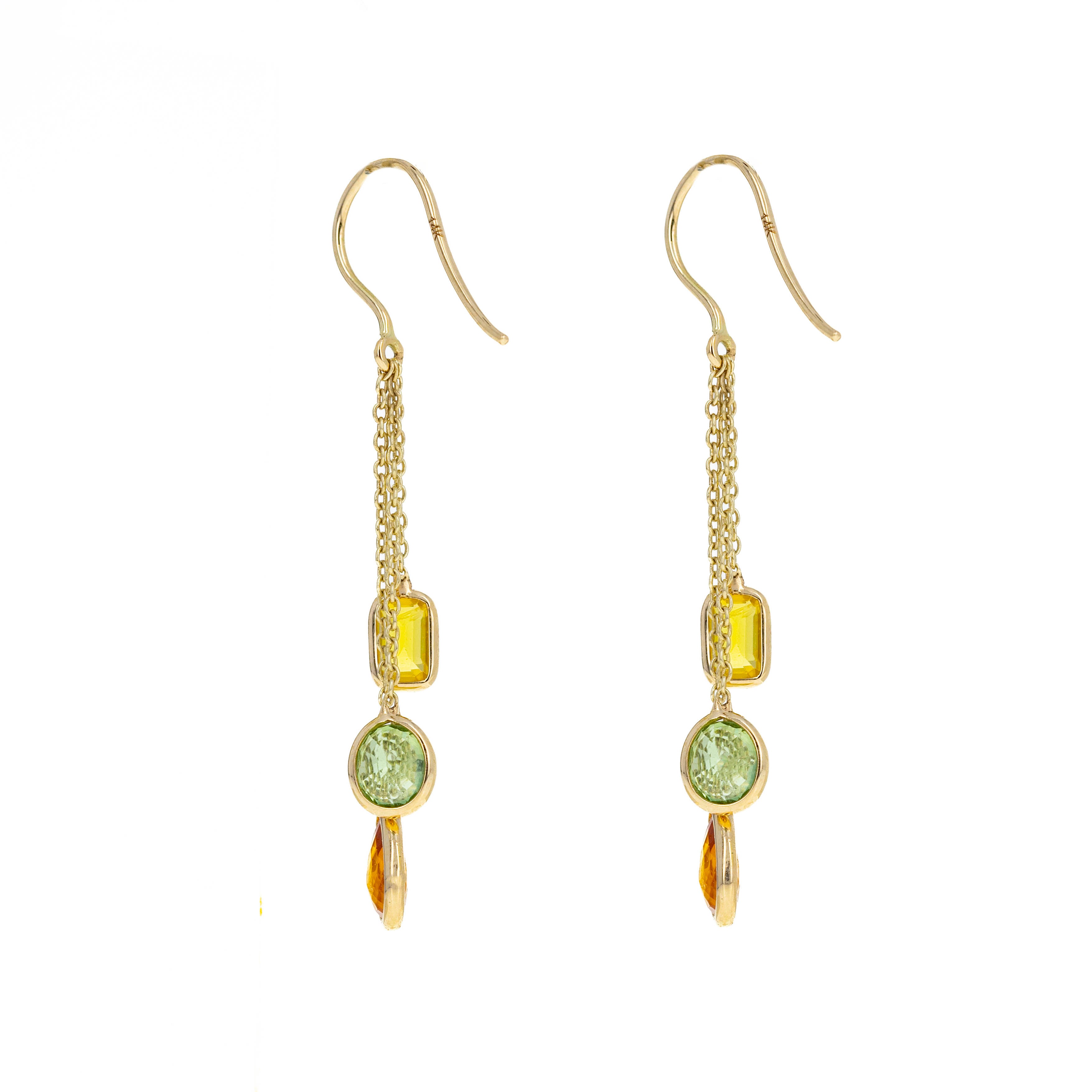 14K Yellow Gold 2.72 Carat Multi-Color Sapphire Bezel Chain Drop Earrings - Queen May