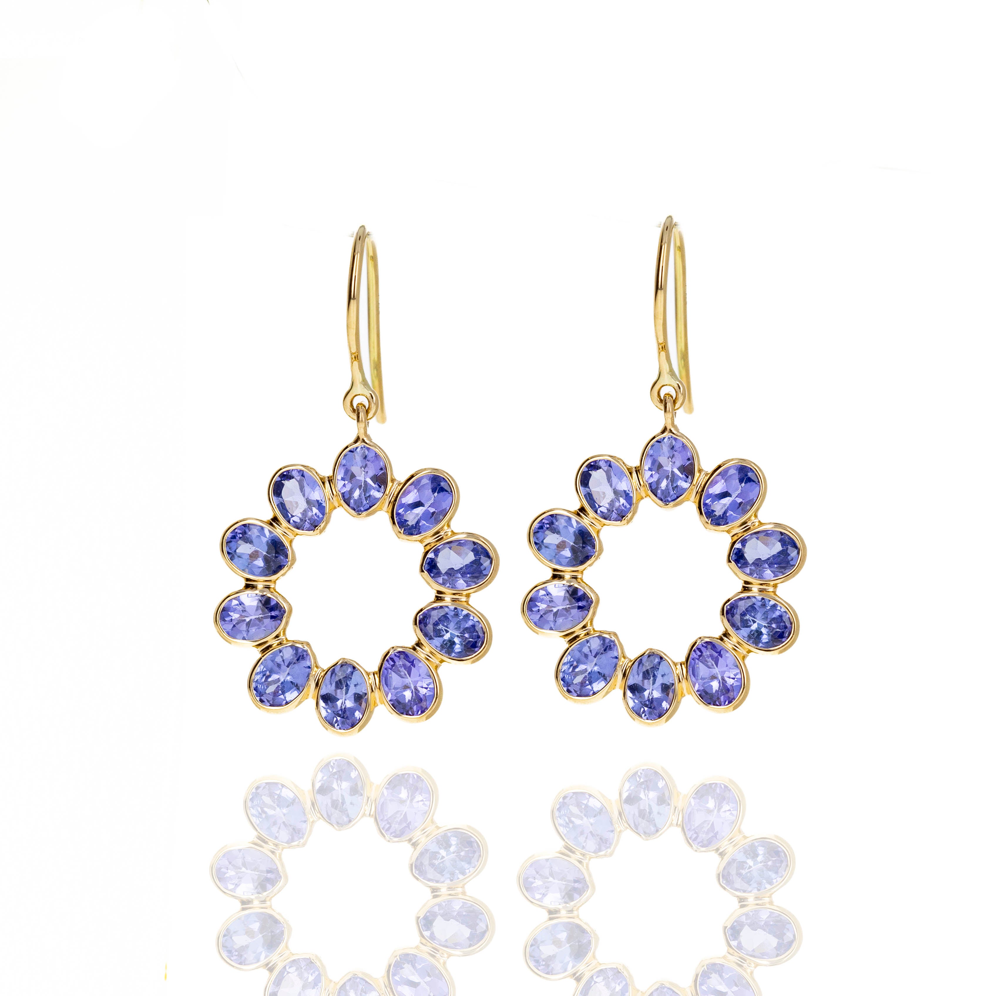 14K Yellow Gold 3.48 Carat Tanzanite Bezel Floral Earrings - Queen May